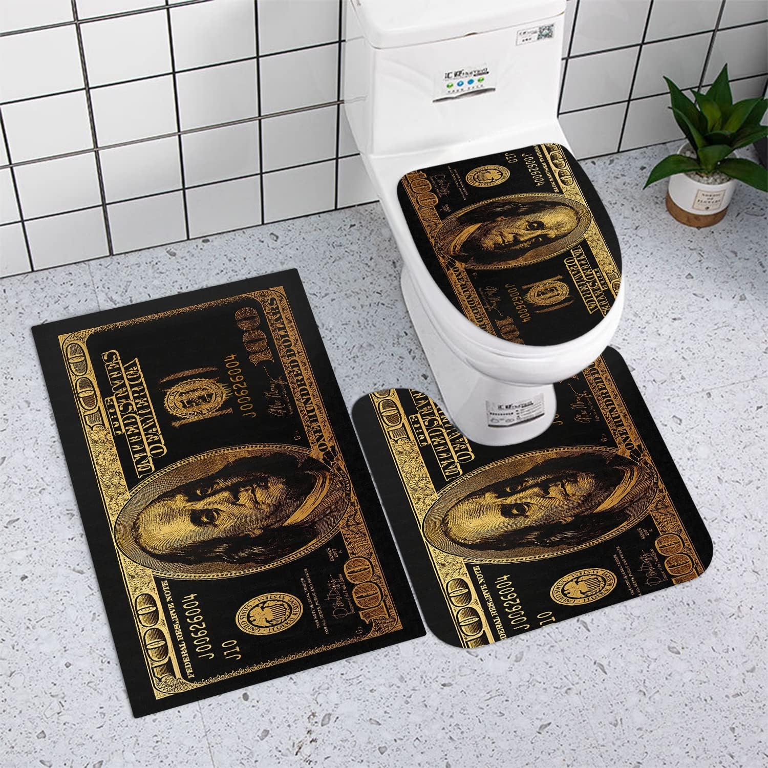 GUBIYU Black Gold 100 Dollar Bill Bathroom Set with Money Shower Curtain and Bills Rugs, Cool Bathroom Accessories 4 Pieces