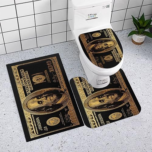 Miniatura 5 de GUBIYU Juego de baño de billetes de 100 dólares de oro negro con cortina de ducha y alfombras de billetes, accesorios de baño geniales 4 piezas