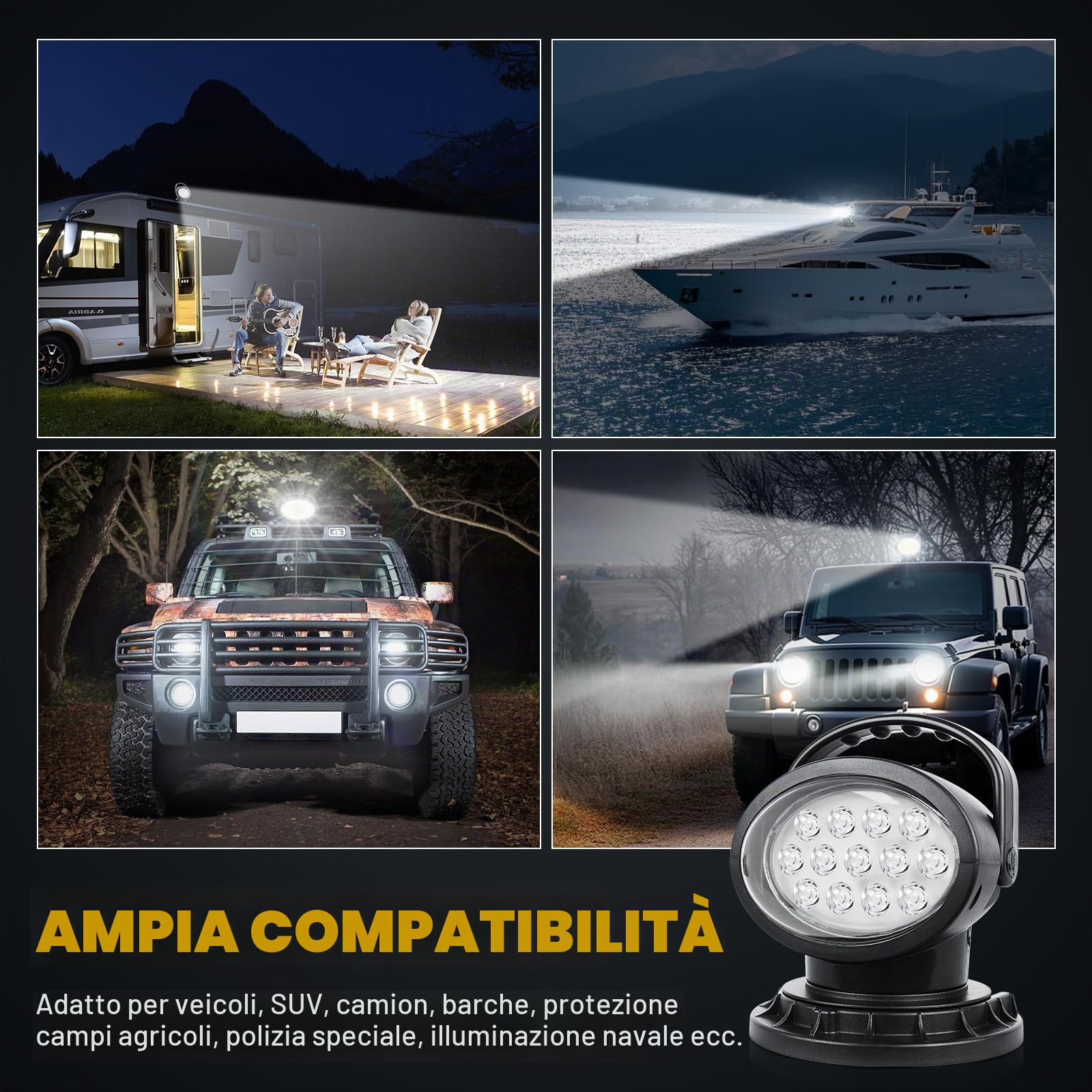 SKYWORLD 8 pollici 20 cm 38W Emergenza Faro da ricerca Led | Spot Luce da Lavoro Telecomandato con Base Magnetico, Rotazione 360° per Auto Fuoristrada Camion SUV 4x4 Barca, Impermeabile