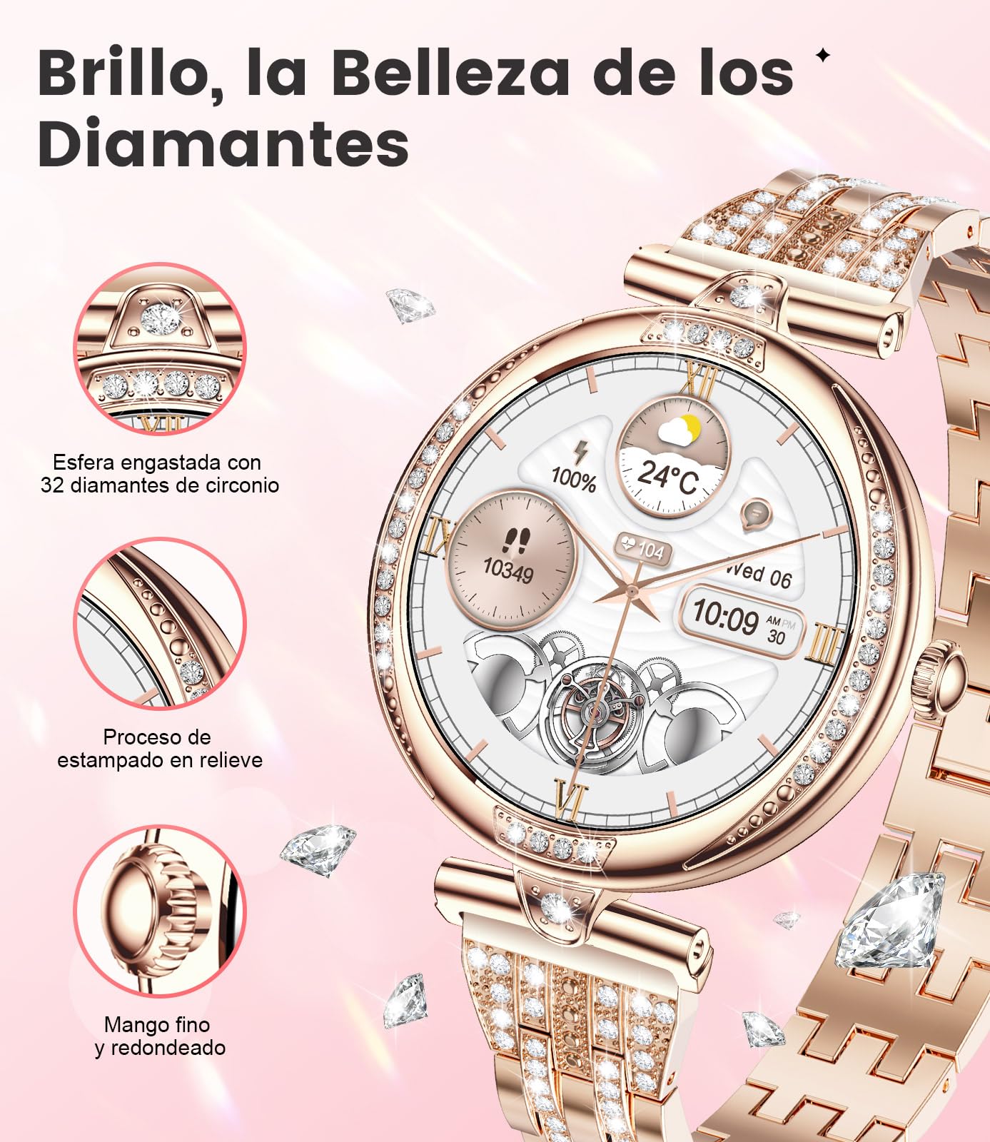 LIGE Smartwatch Mujer Bluetooth Llamadas para Android iOS Diamante Oro Rosa Acero Reloj Inteligente para Mujer 1,19'' AMOLED,Frecuencia cardíaca/Monitor de sueño, podómetro, calorías,100+ Deporte