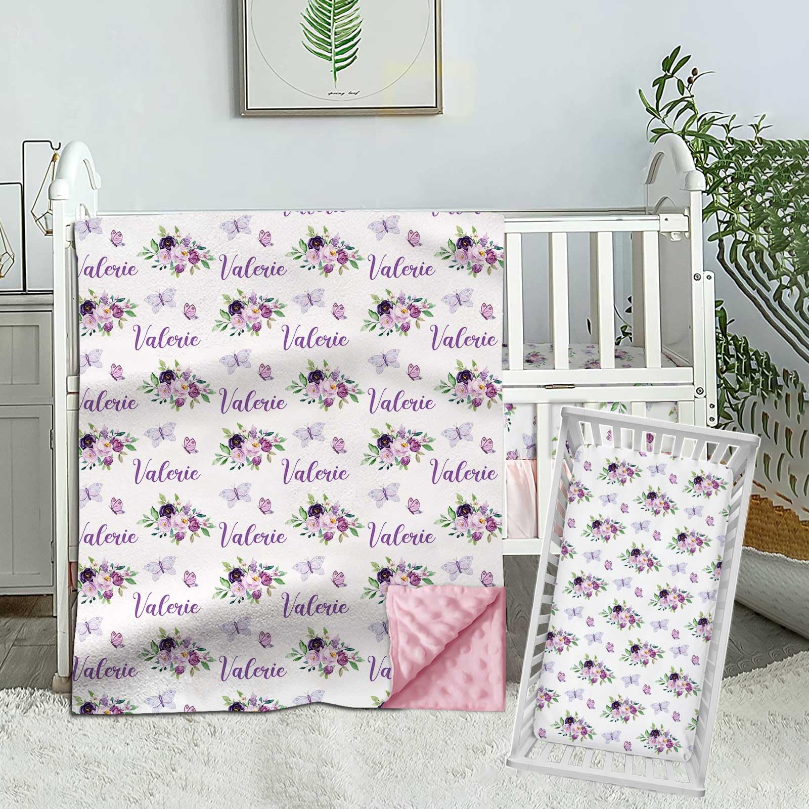 Personalized Crib Bedding Set for Baby Girls, Custom Baby Girl Crib Bedding Set with Name, Floral Butterfly Nursery Bedding, 2 Piece Crib Bedding Sets, Name Crib Comforter, Crib Fitted Sheets for Baby