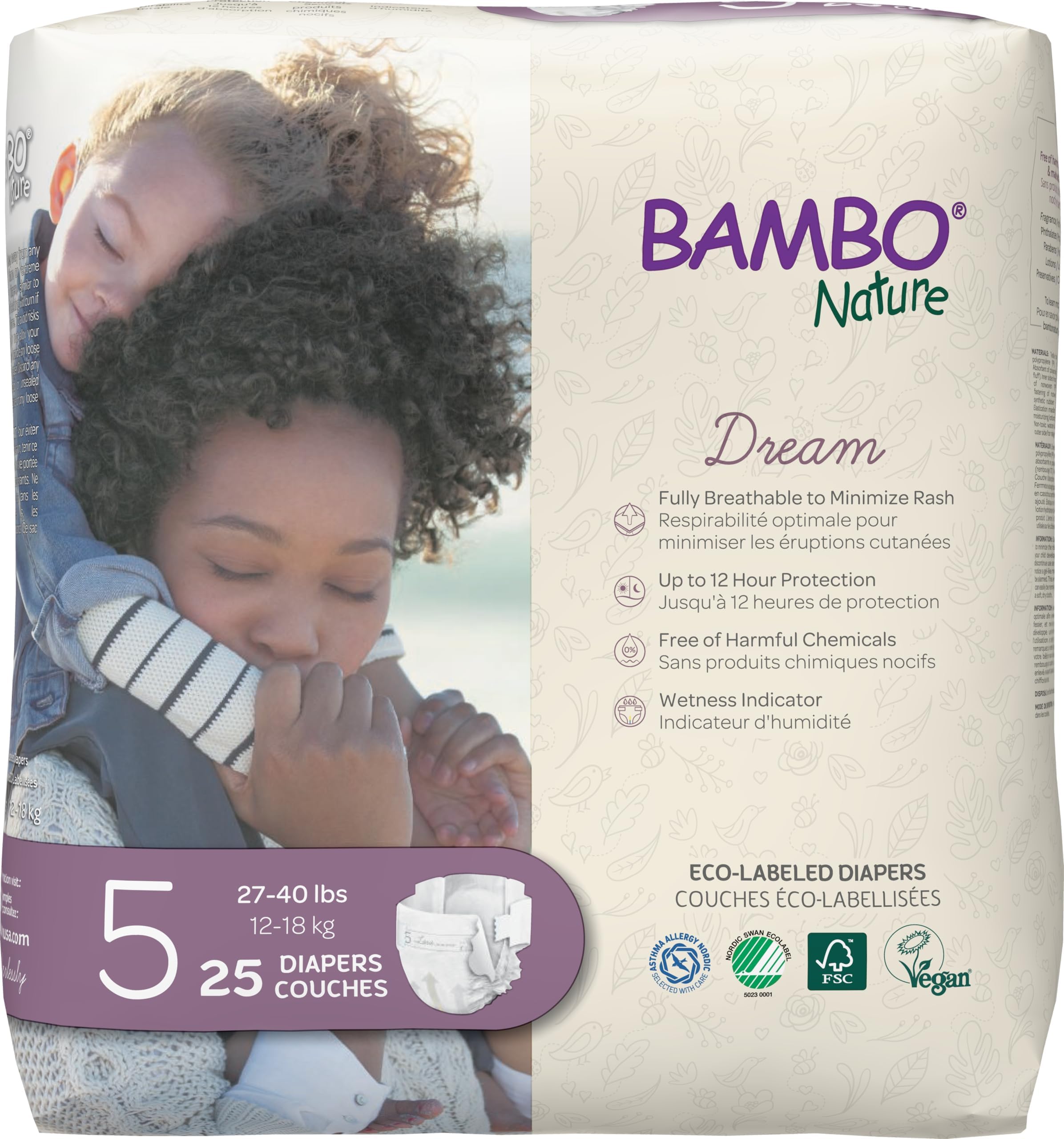 Bambo Nature Hypoallergenic Dream Baby Diapers, Premium Eco-Labeled Sustainable Diapers, Enhanced Leakage Protection, Totally Chlorine-Free, Skin Friendly, and Super Absorbent - Size 5 (50 Count)