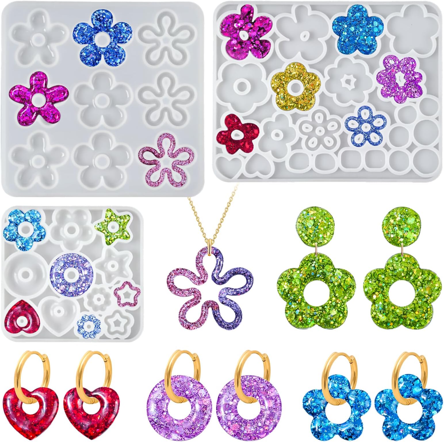 Flower Resin Earring Molds with Multiple Pattern Design, 3pcs Star Heart Pendant Silicone Mold, Flower Jewelry Resin Casting Mold for UV Epoxy Crafts DIY Earrings Necklace Keychain