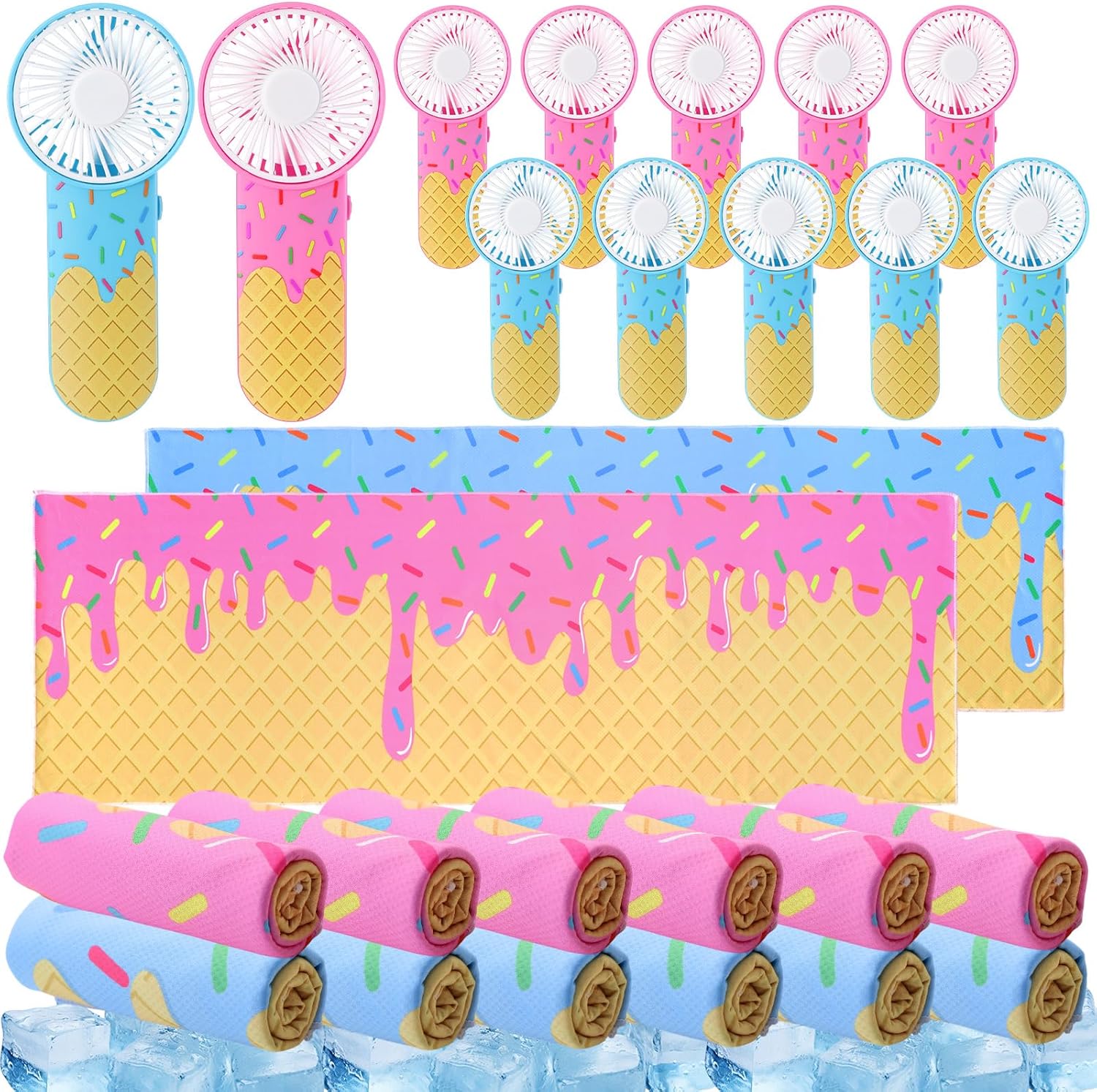 24 Pcs Ice Cream Print Sport Gifts, Includes 12 Baseball Cooling Towels 40 x 12 Inch Workout Towels 12 Portable Mini Handheld Fan for Sport Party Team Gift, Battery Not Included