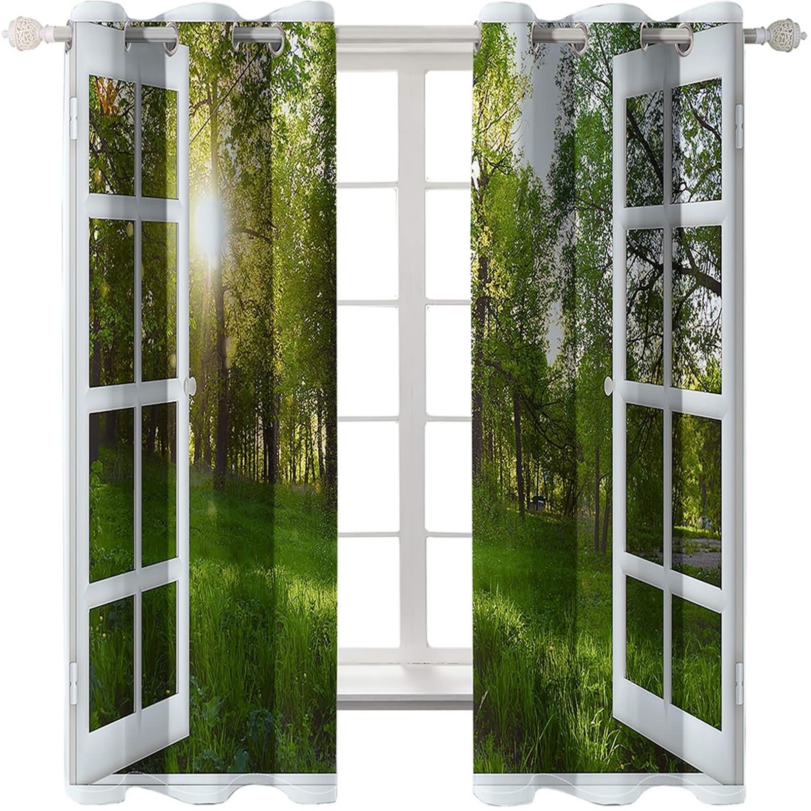 Wärmeisolierende Vorhänge 2er Pack,2 x 214W x 274H cm,Ösen Gardinen Küche Fenster und Waldlandschaft Vorhang für Küchen Modern Weiß Grün