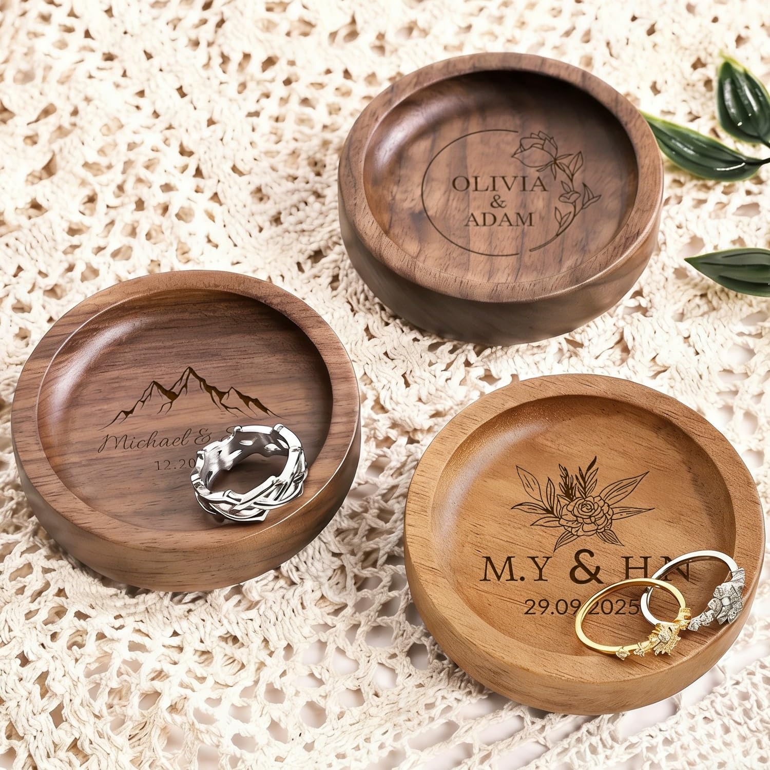 Art Lunic One Color Personalized Engraved Wooden Wedding Ring Dish,Custom Round Walnut Display, Engagement Rings Holder, Ceremony Keepsake For Bride, Groom & Ring Bearer