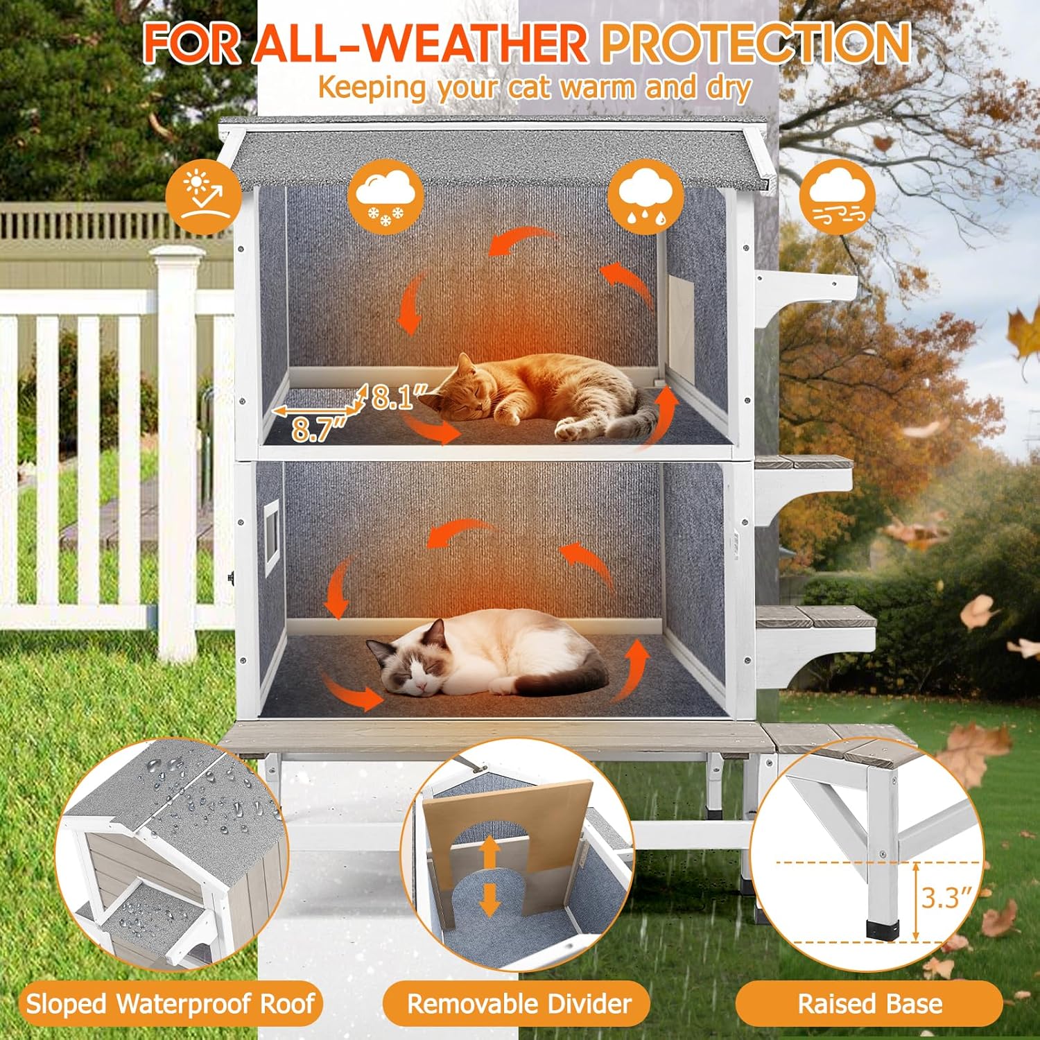 PetsCosset Insulated Cat House Outdoor Weatherproof with Balcony All-Round Insulation Outside Wooden Feral Cat Shelter for Winter with 3 Jumping Platforms and Openable Roof for Cats and Small Animals