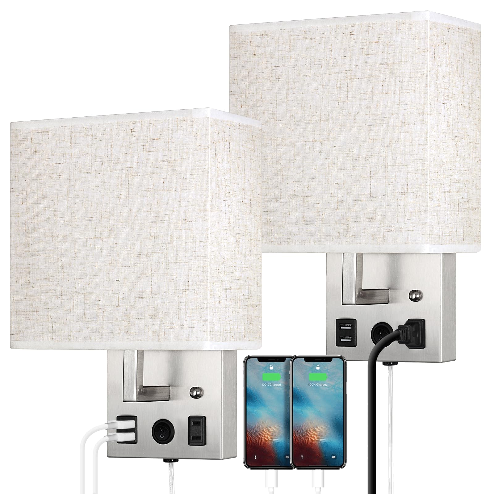 CADUKE Brushed Nickel Wall Lamp Set of Two with USB Charging
