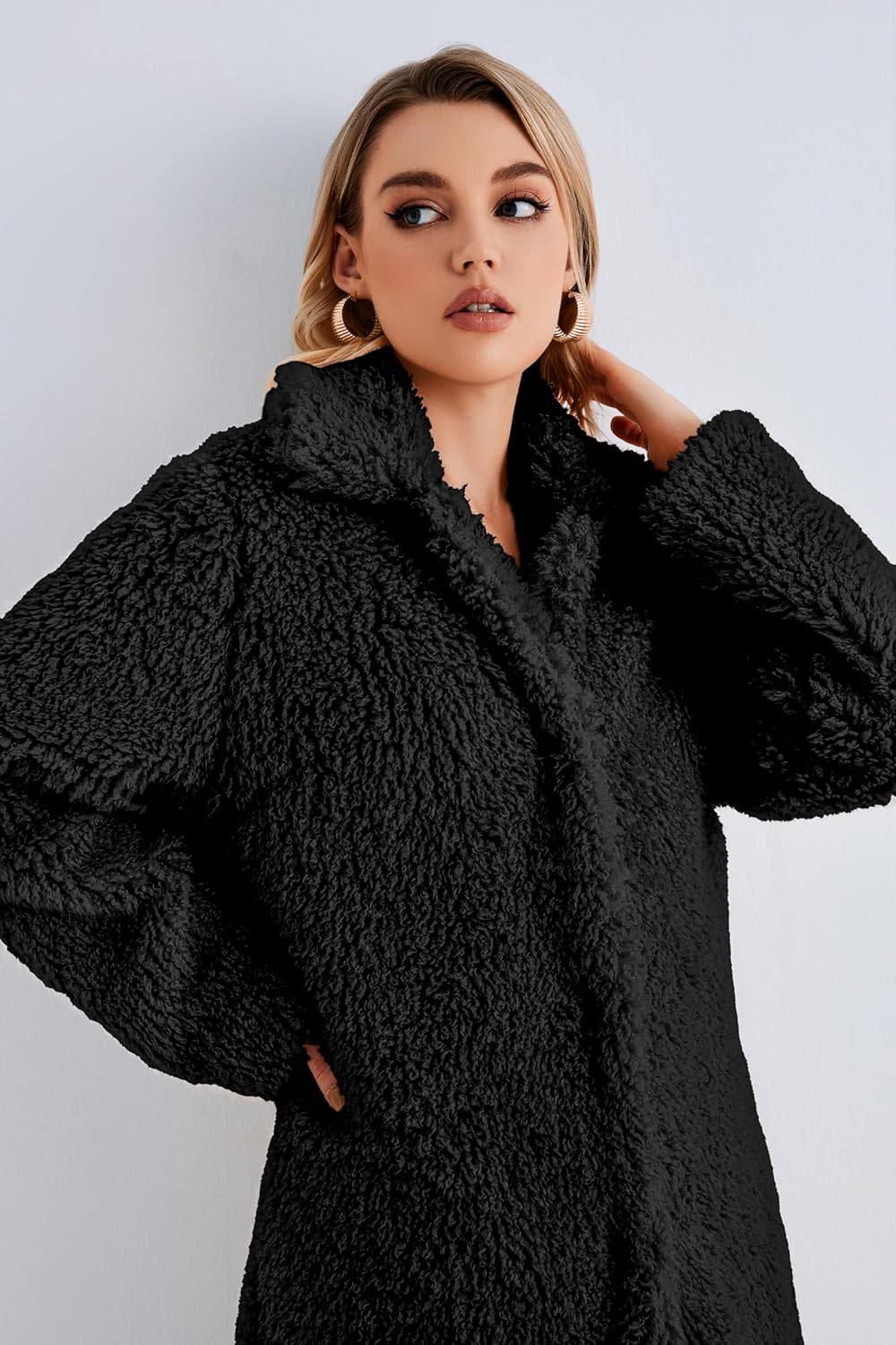 Women Faux Fur Winter Coats Open Front Long Cardigan Coat Warm Women's Fuzzy Fleece Jacket Overcoat Outwear with Pocket S-XXL