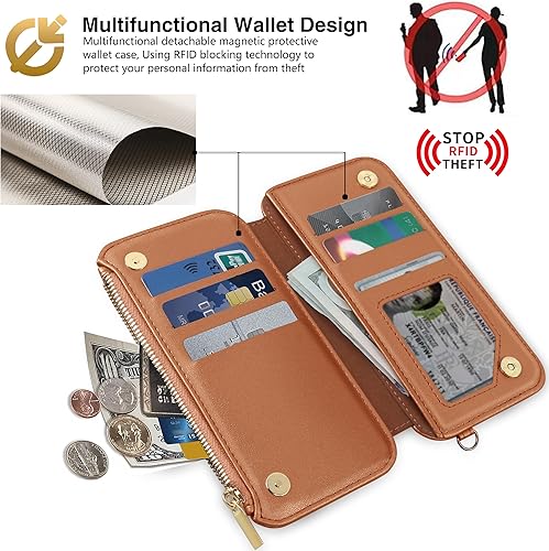 Miniatura 5 de CIVICASE Funda con cremallera para iPhone 15 Pro Max, funda tipo cartera 2 en 1 magnética desmontable, protección para tarjetas RFID, 6 ranuras para