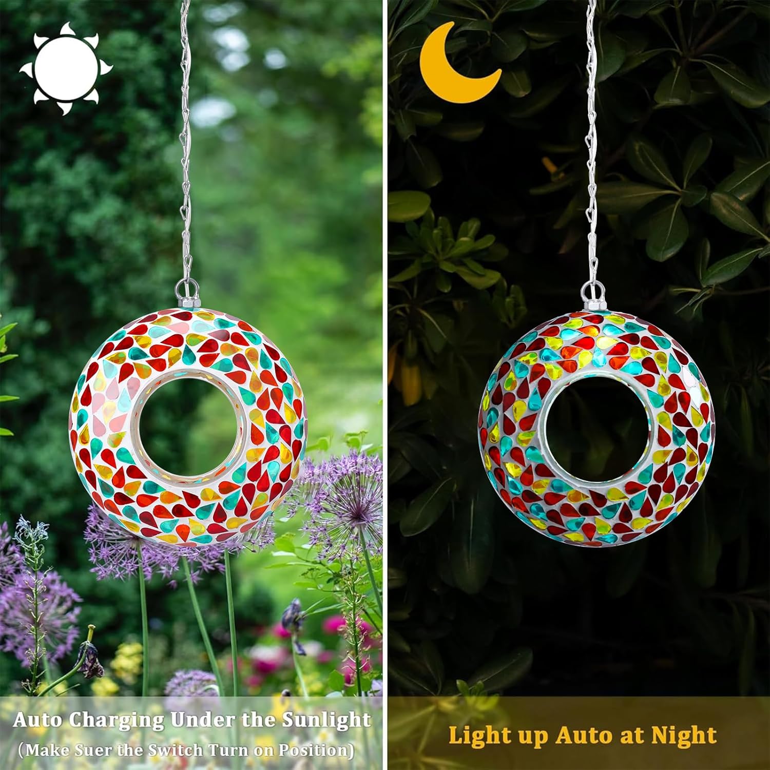 Yinns 9.5Inch Solar Mosaic Bird Feeder for Outside Hanging, Glass Birdfeeder with Round Shape Container, Bird Feeders Garden Decor