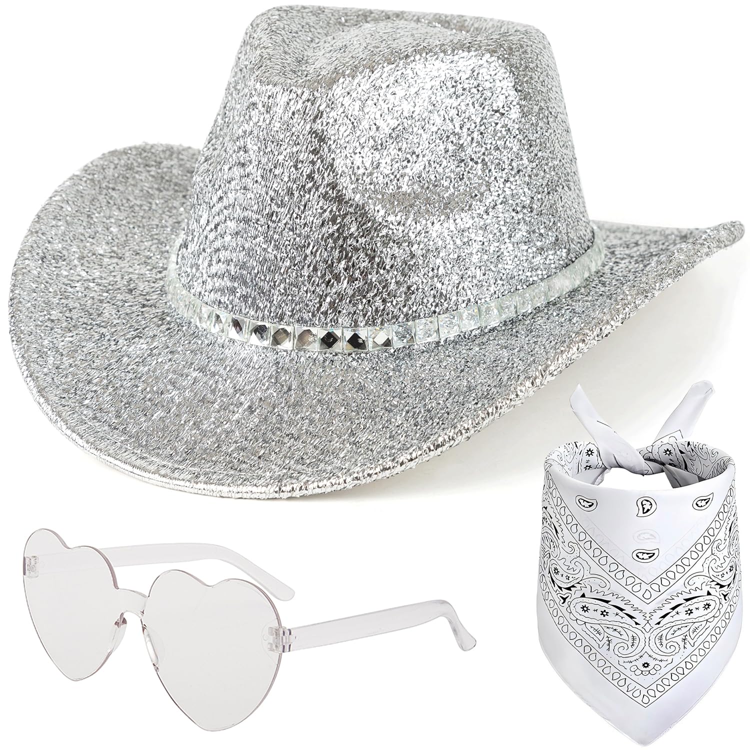 Spiritzohic Cowboy Hat for Women, Western Cowgirl Hat with Bandana and Heart Sunglasses, Women Western Hat with Sequin, Cowgirl Costume Accessories, for Birthday, Halloween, BachelorParty Cosplay-D