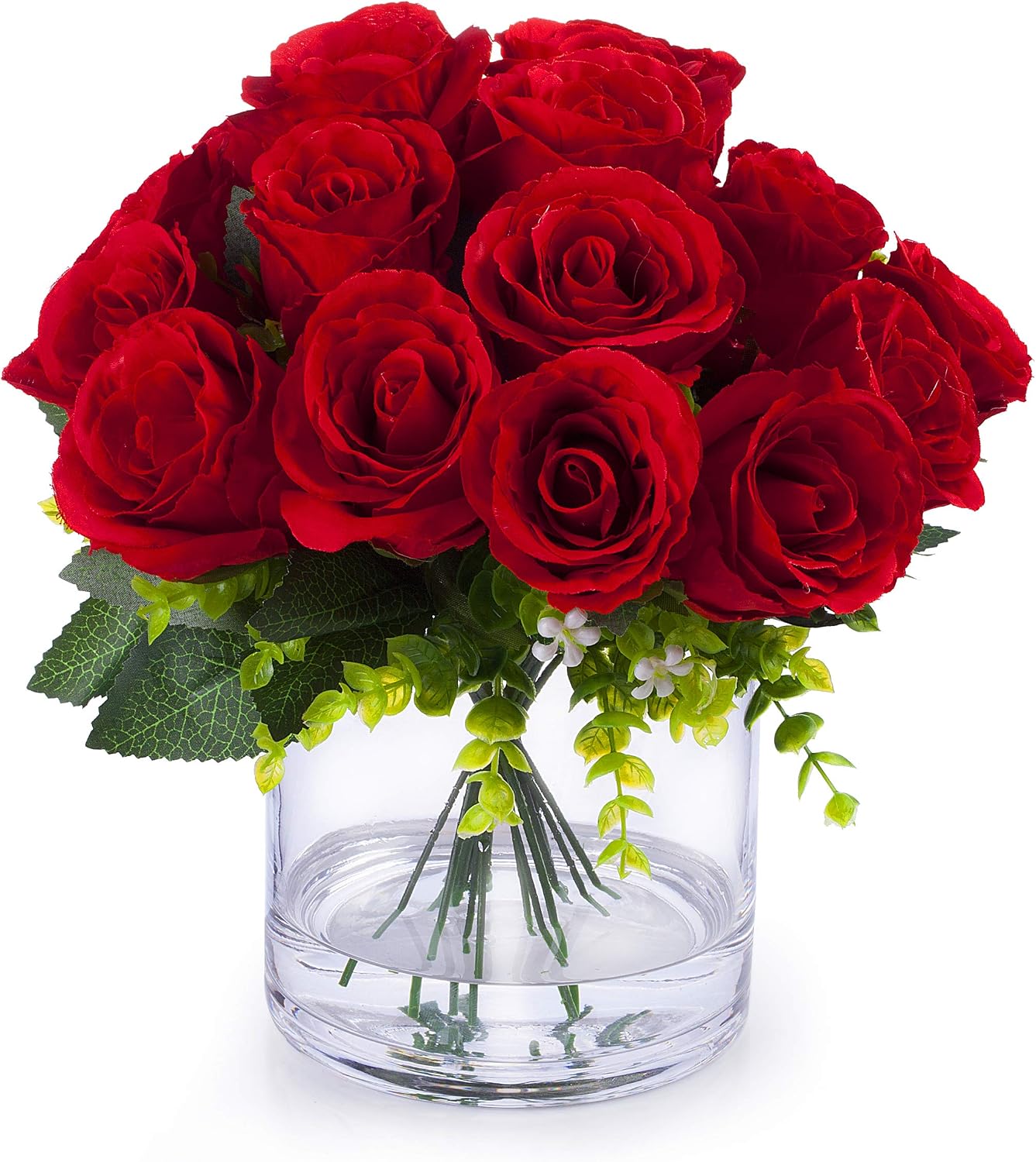 ENOVA HOME Silk Open Rose Flower Arrangement in Clear Glass Vase with Faux Water (Cream)