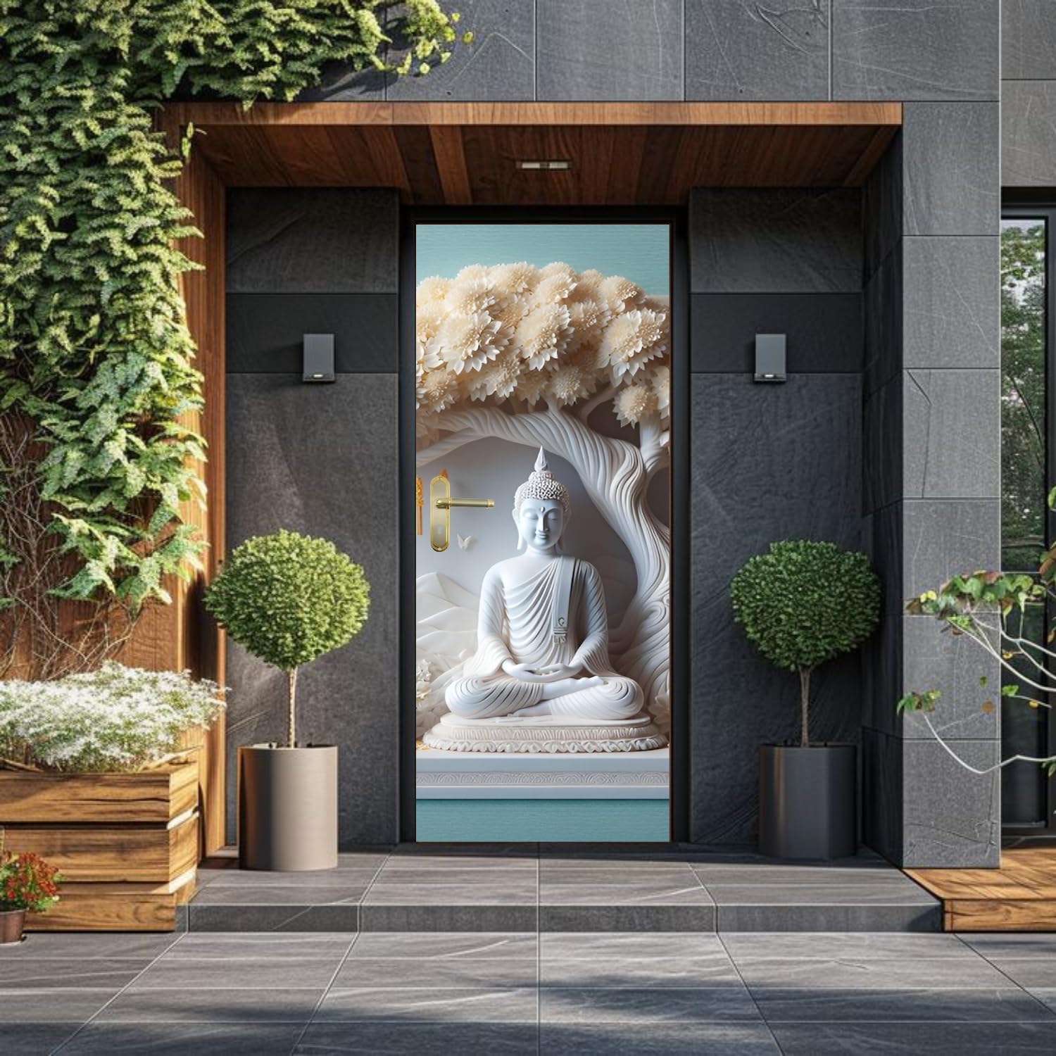 WHITECRAFTS 3D Budh Door Wallpaper | Self-Adhesive Vinyl Sticker | Peel and Stick Murals for Doors, Almirahs, Tables, Fridges | Waterproof, (30x78 inch) | P20_D289