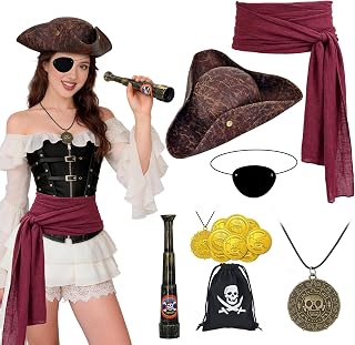 CIRCKOPS Pirate Hat, 16 PCS Pirate Costume Accessories Set for Men Women Halloween Cosplay Party Outfit, Includes Renaissance Pirate Tricorn Hat, Red Sash, Eye Patch and Necklaces