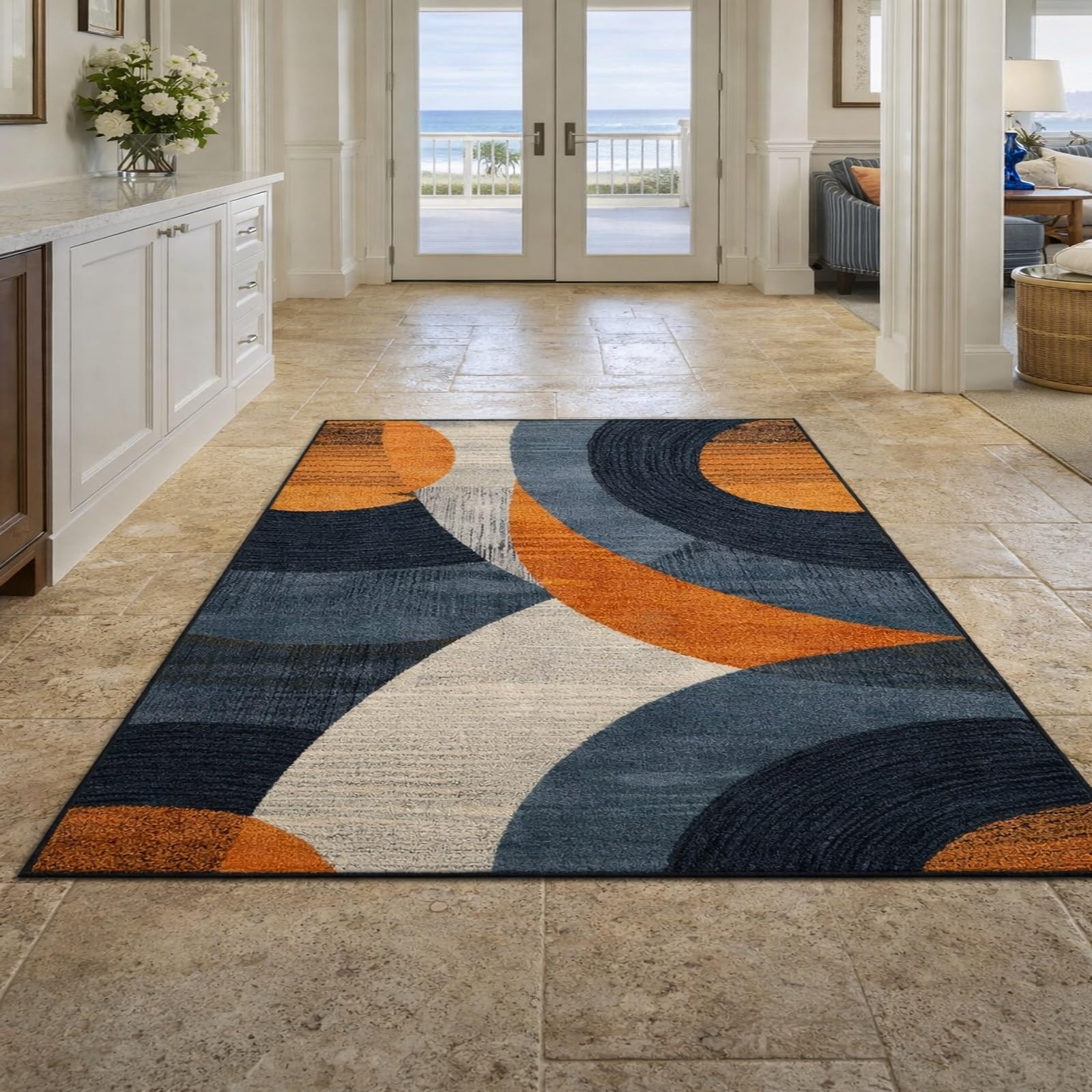 Tapis moderne orange et gris sous table cuisine ou pour salon