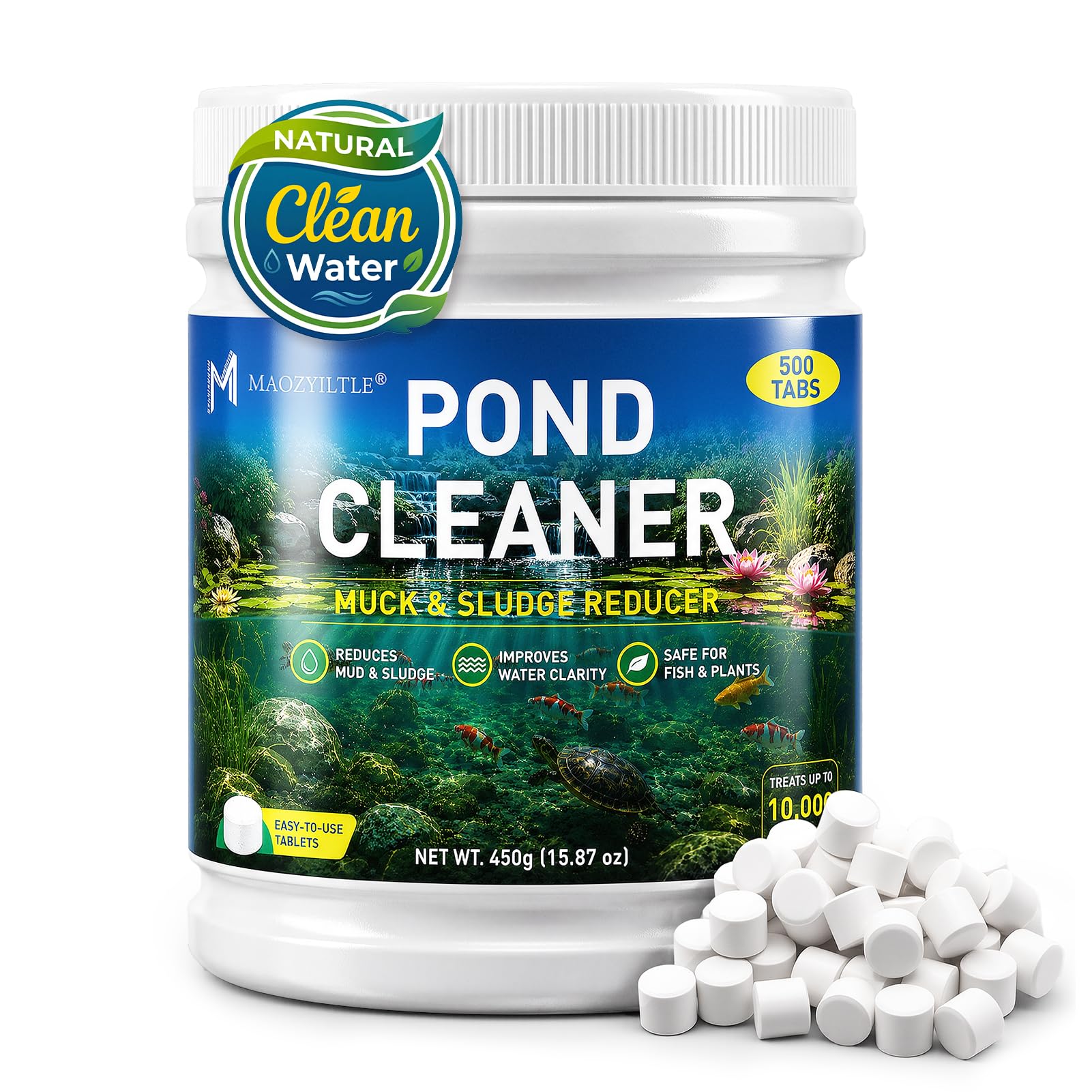 Muck Reducer - Pond Clear Water Treatment 1LB Natural Sludge Solution Tablets for Ponds & Lakes, Chemical-Free & Safe for Fish, Pets & Wildlife,500 Tablets