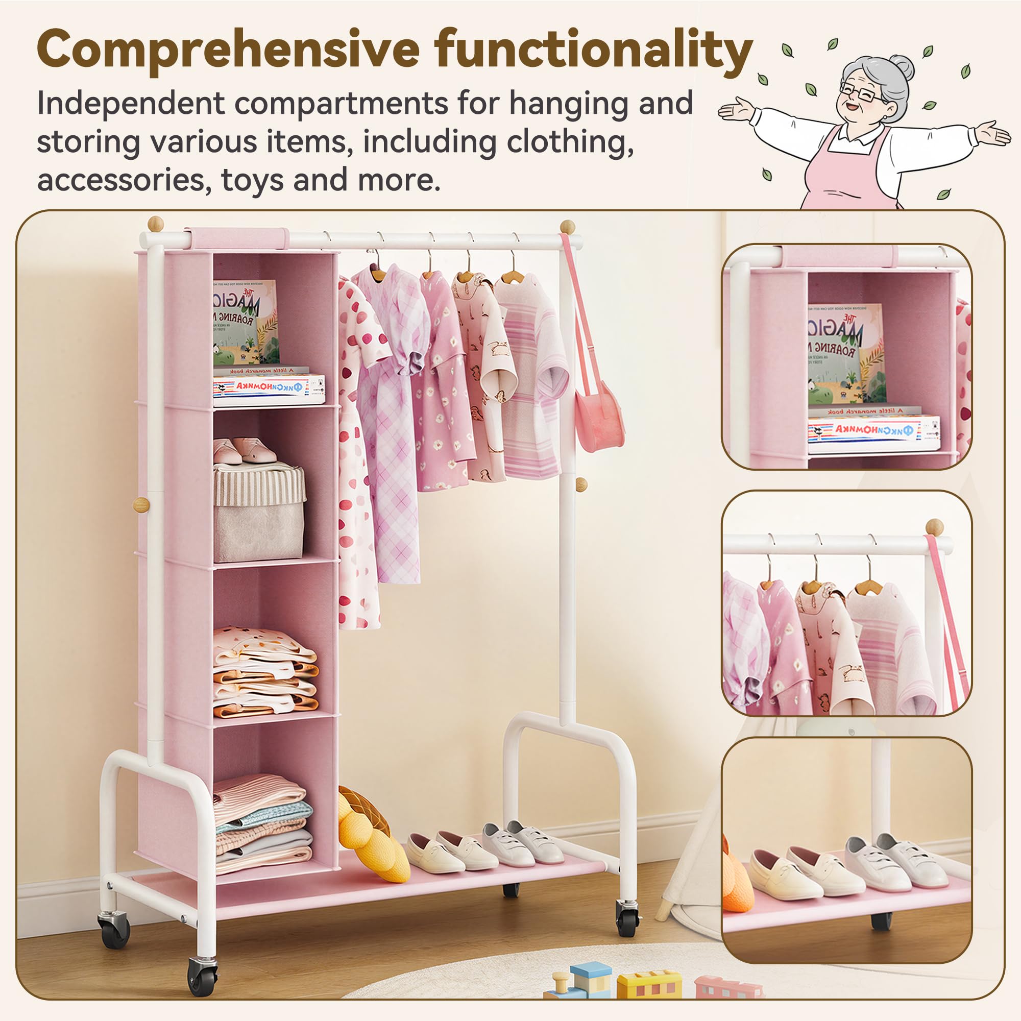 GRANNY SAYS Appendiabiti per Bambini con Organizer a Sospensione, Appendiabiti con Ruote per Travestimenti, Appendiabiti per Bambini, Appendiabiti per la Cameretta dei più Piccoli, Rosa/Bianco