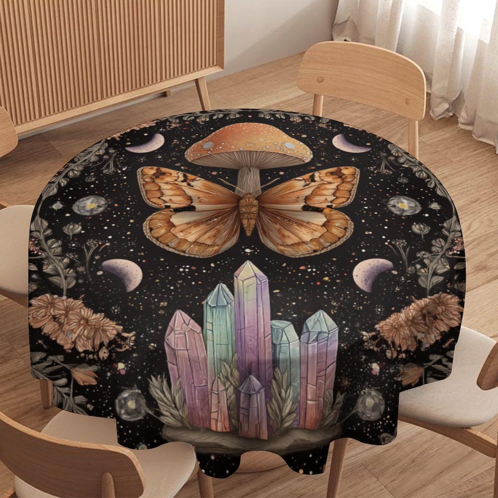 LUYYSKY Rustic Abstract Boho Mushroom Waterproof Round Tablecloth Classic Aesthetic Moon Phase Animal Butterfly Floral Pattern Washable Table Cover for Kitchen-127 Wx127 L cm