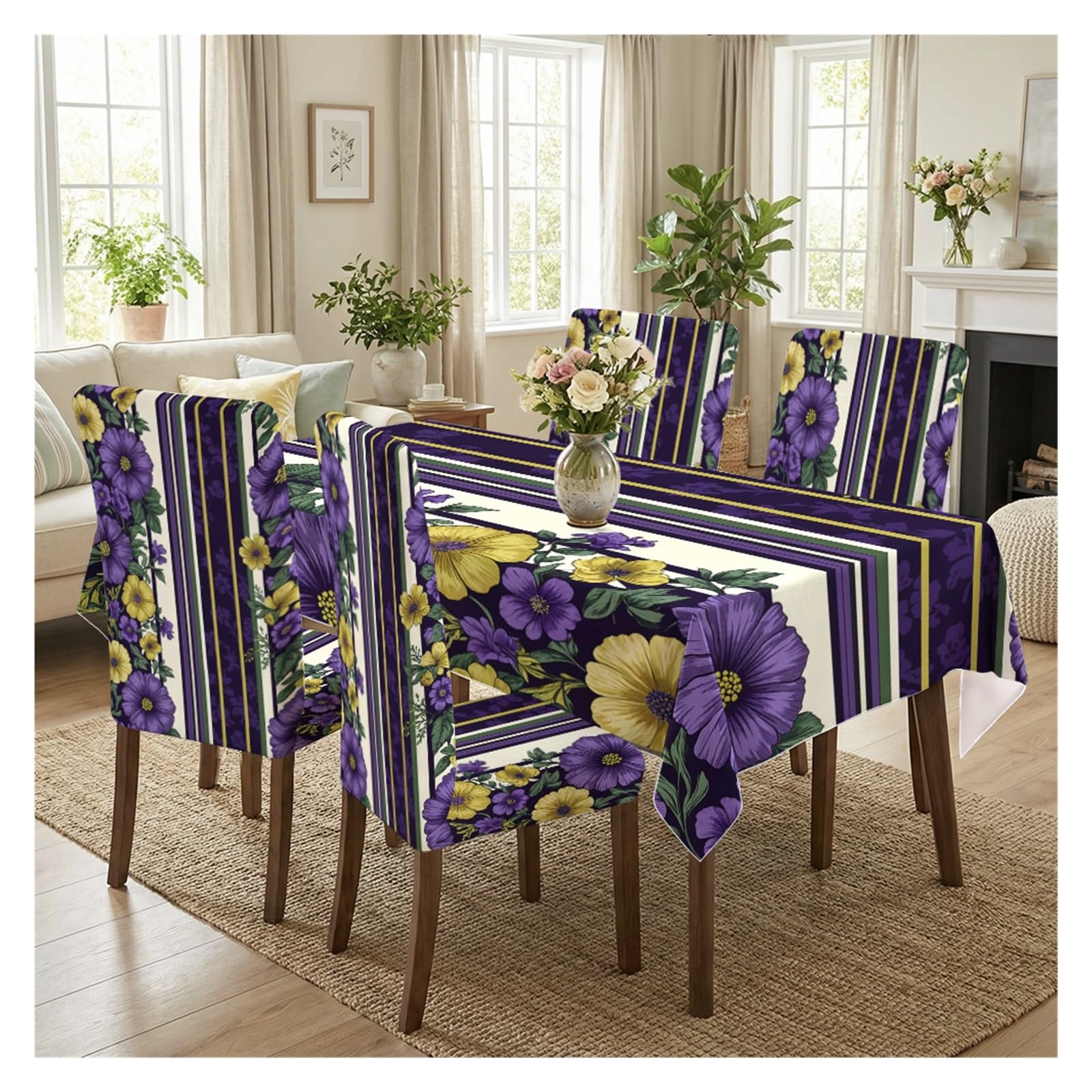 Set housses de chaise extensibles et nappe pour décoration de fête et repas de ferme bohème