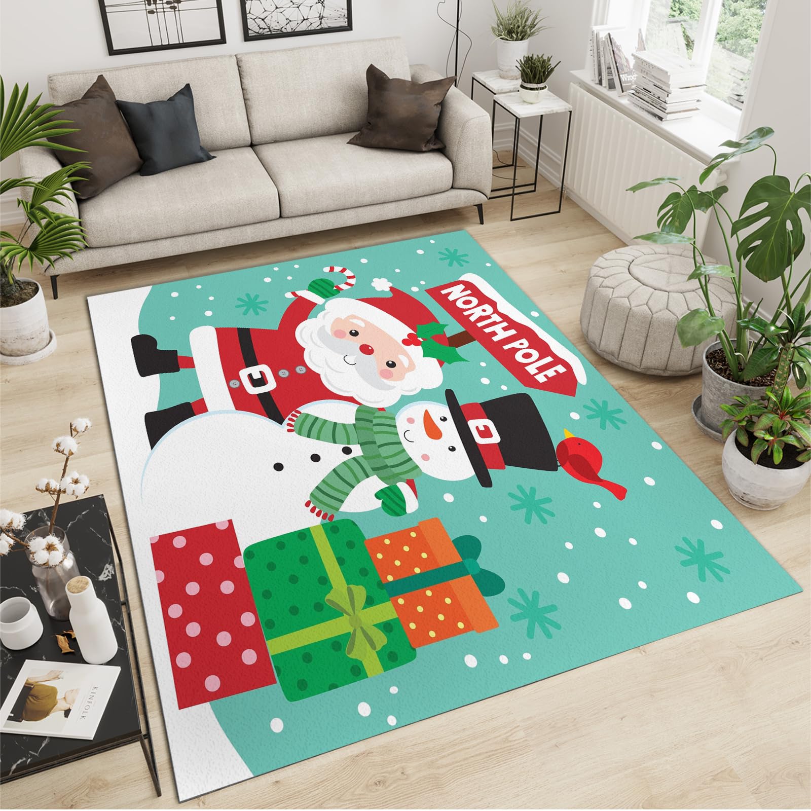QDJKBL Area Rugs 150 x 240 cm Santa Claus Snowman Box, Green and White Merry Christmas Holiday Decoration Sofa Cushion, Non-Slip Mat Wear-Resistant and Non-Slip for Home Nursery College Dorm