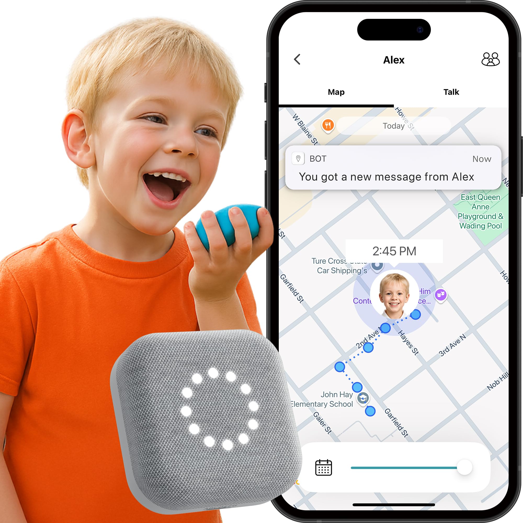 BoT Talk GPS Tracker for Kids - AI-Powered GPS Tracker with Audio, Real-Time Tracking, 2-Way Talk & Alerts - Compact Kids Tracking Device with Monthly Subscription - Designed in Japan