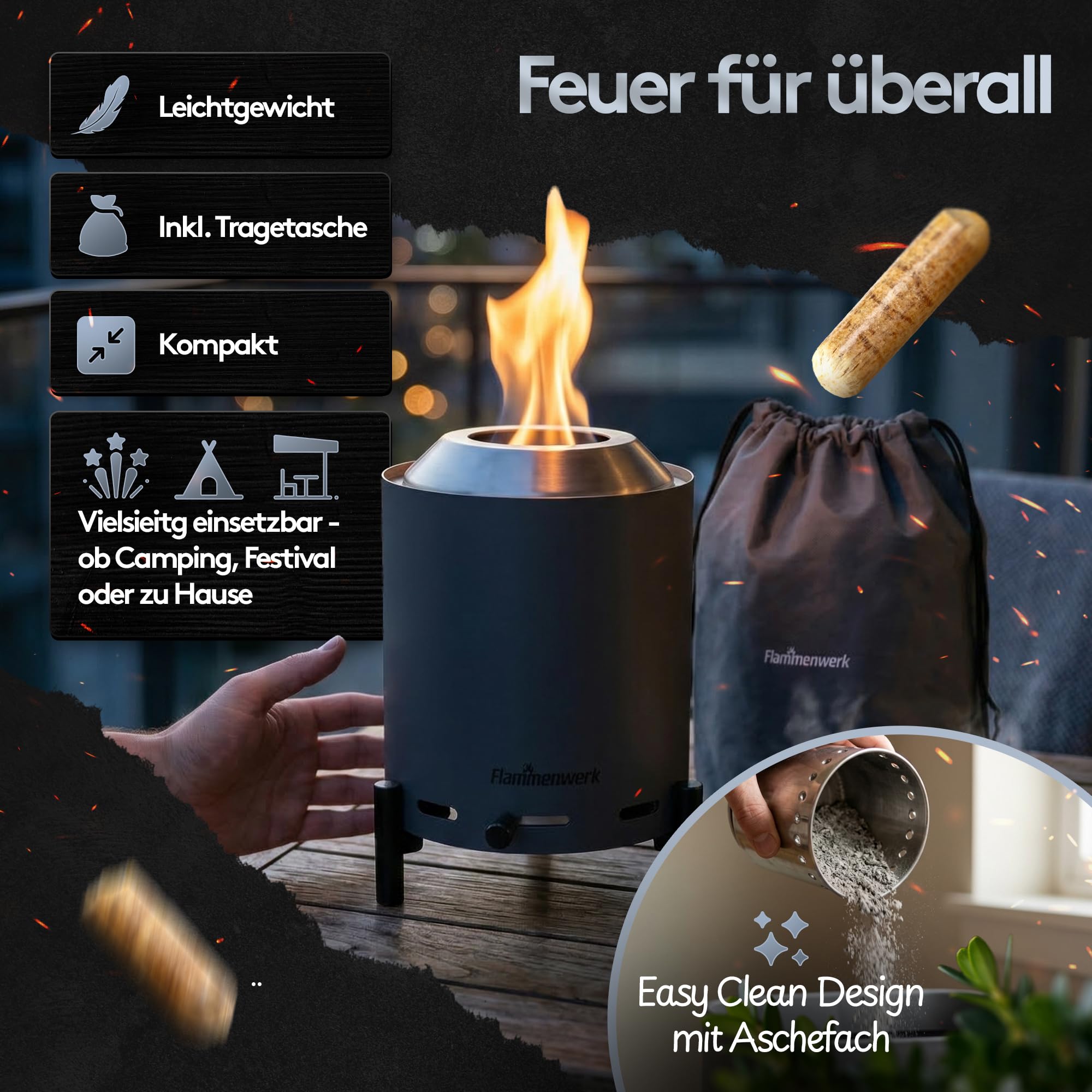 Raucharmes Tischfeuer, Tischkamin Outdoor für Pellets & Holz – Outdoor-Tischfeuer 360° Luftregulierung, Doppelwandiges Edelstahl & Tragetasche – Perfekt für Balkon, Terrasse & Camping