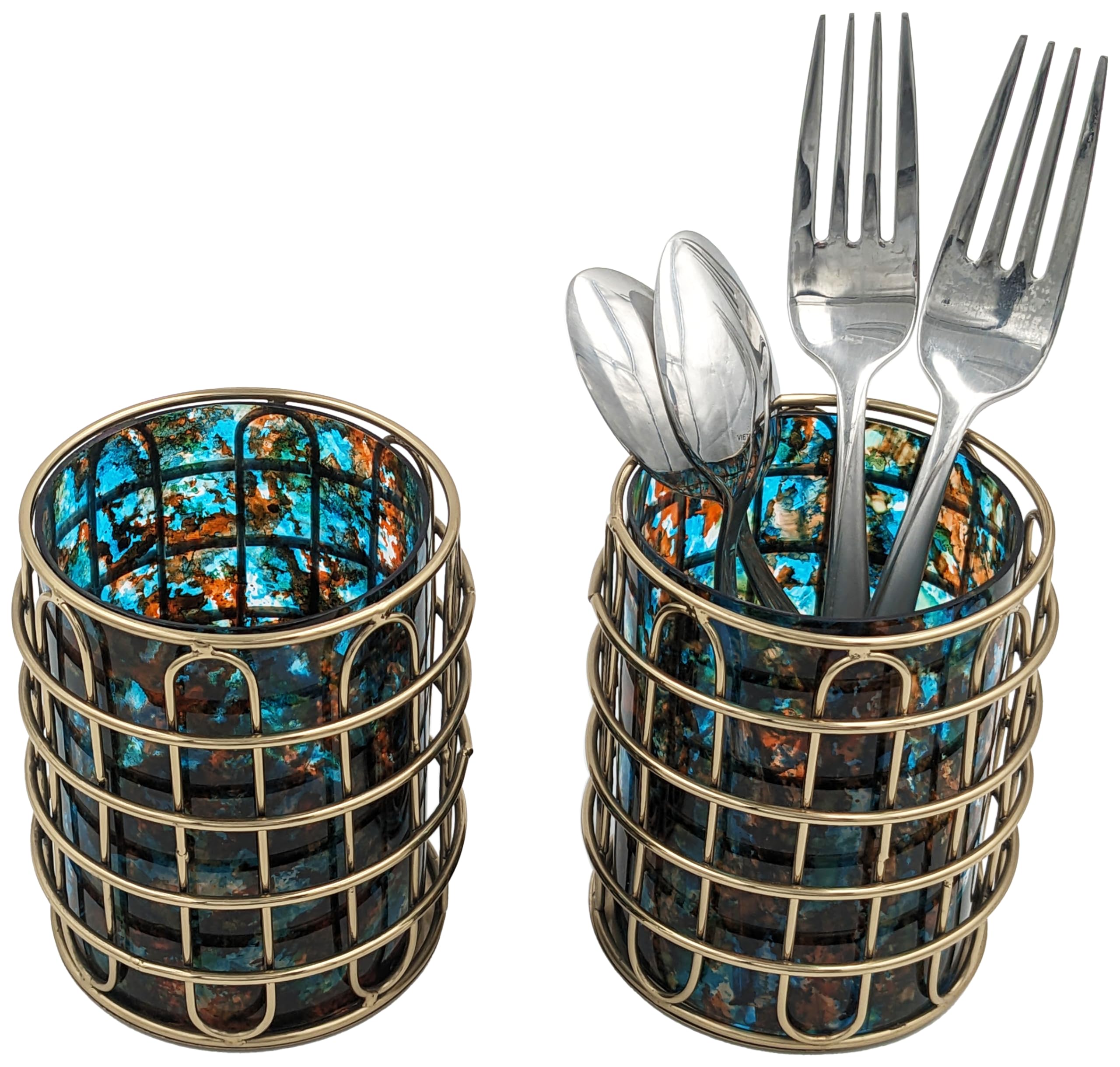 SciencePurchase Set of 2 Elegant Stainless Steel and Glass Cutlery Holders for Silverware, 3.1-inch Wide x 4-inch Tall (Gold with Turquoise/Orange Glass)