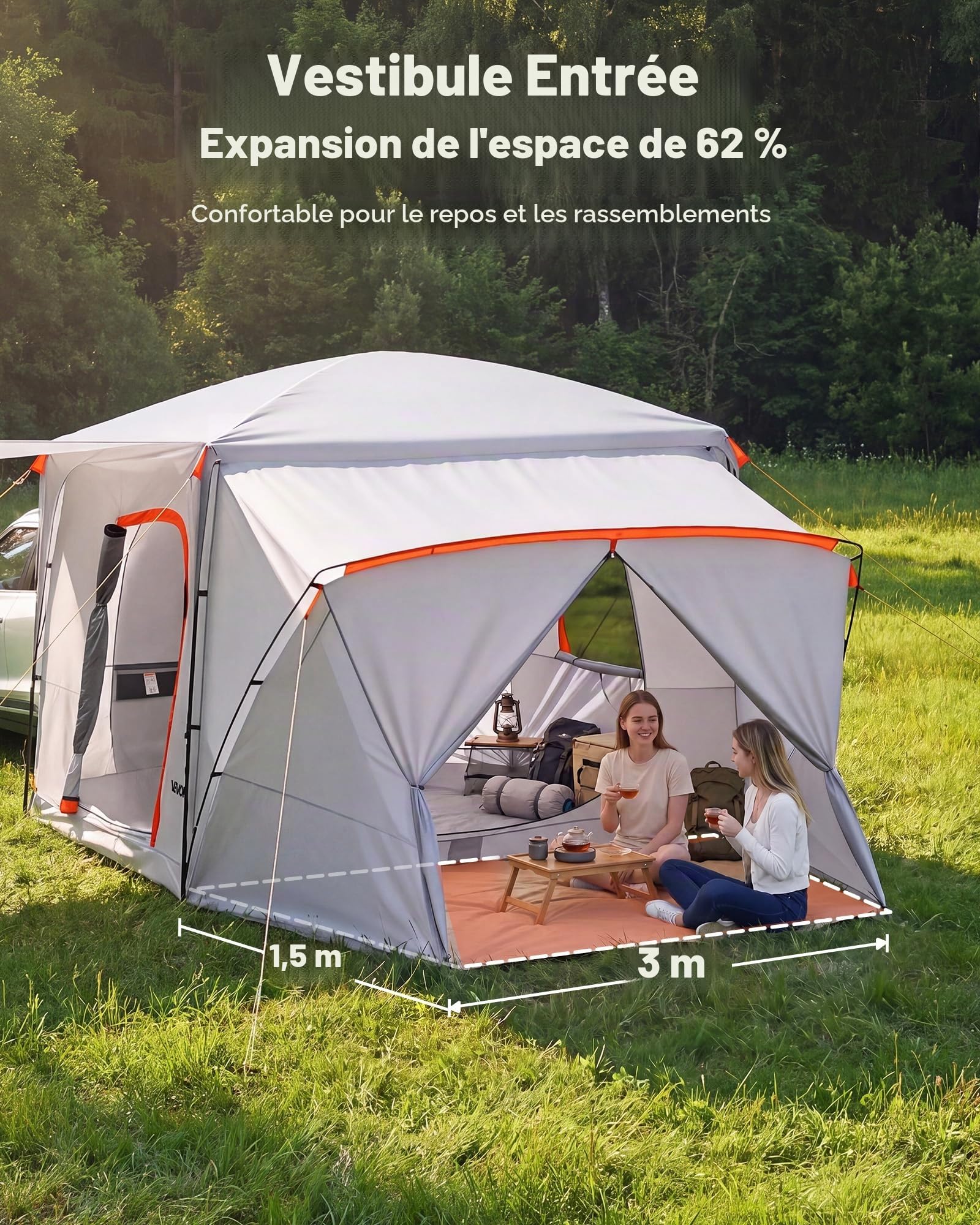 VEVOR Tente Arrière SUV, Tente de Camping pour Voiture 396,4x305 cm Capacité 5-9 Personnes, pour Randonnée Voyage en Plein Air, Auvent de Hayon Imperméable PU2000 mm, avec Fenêtres Ventilées