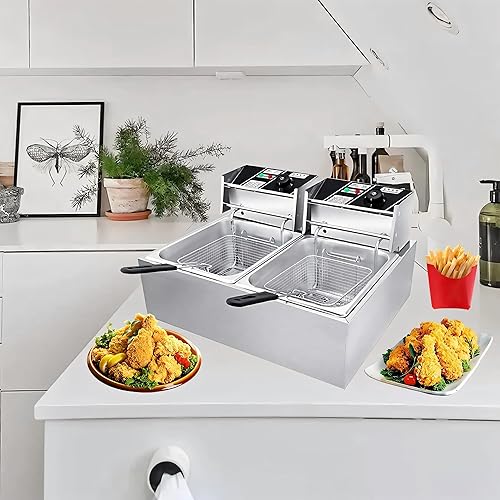 Miniatura 6 de Timoau Freidora eléctrica con 2 cestas y tapas, 3500 W, 12.7 cuartos de galón  12 litros, encimera comercial de acero inoxidable de doble tanque