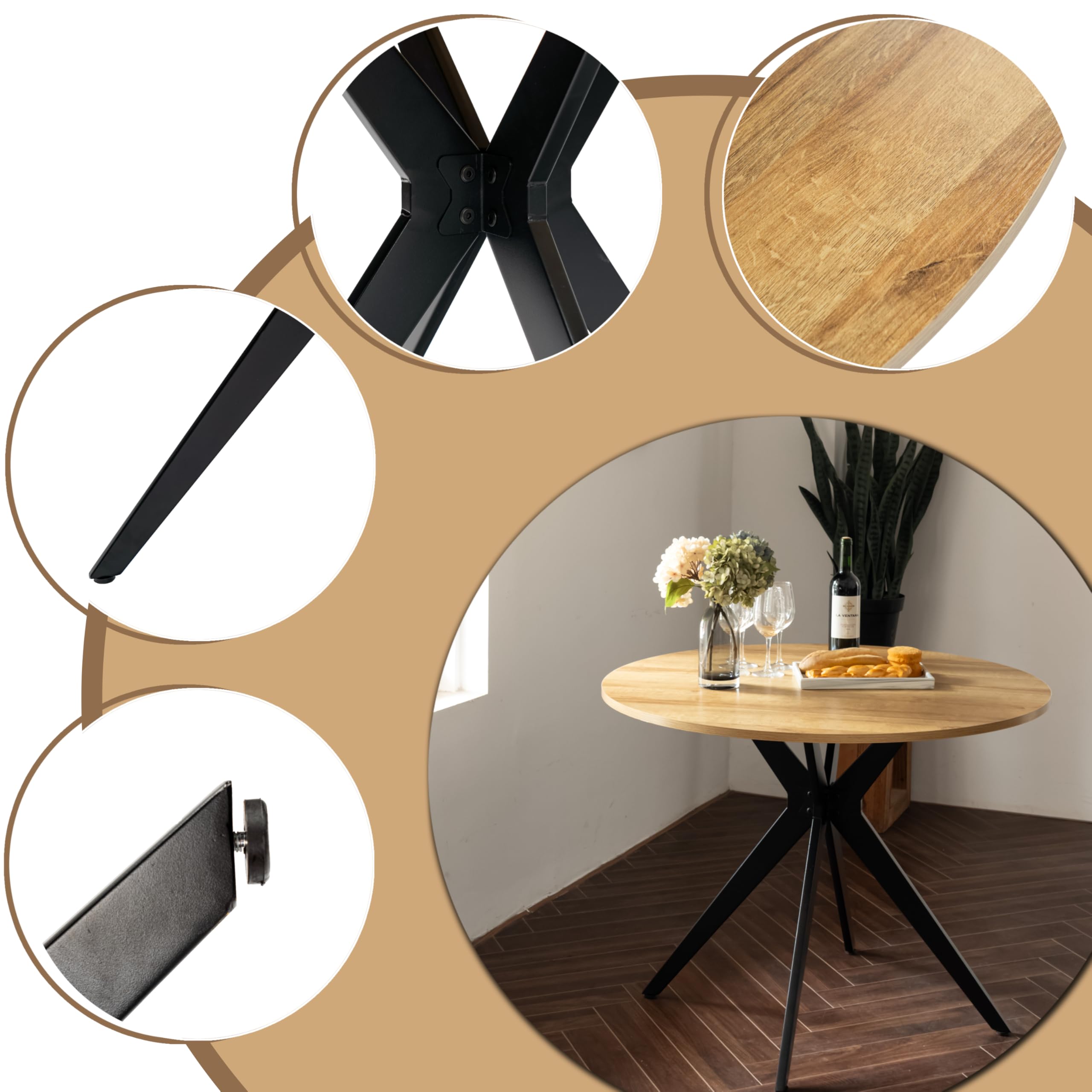 Tavolo da conferenza rotondo in rovere e nero, robusto, in legno e metallo, design compatto e professionale, ideale per riunioni di squadra in ufficio e progetti 100 x 100 x 75 cm