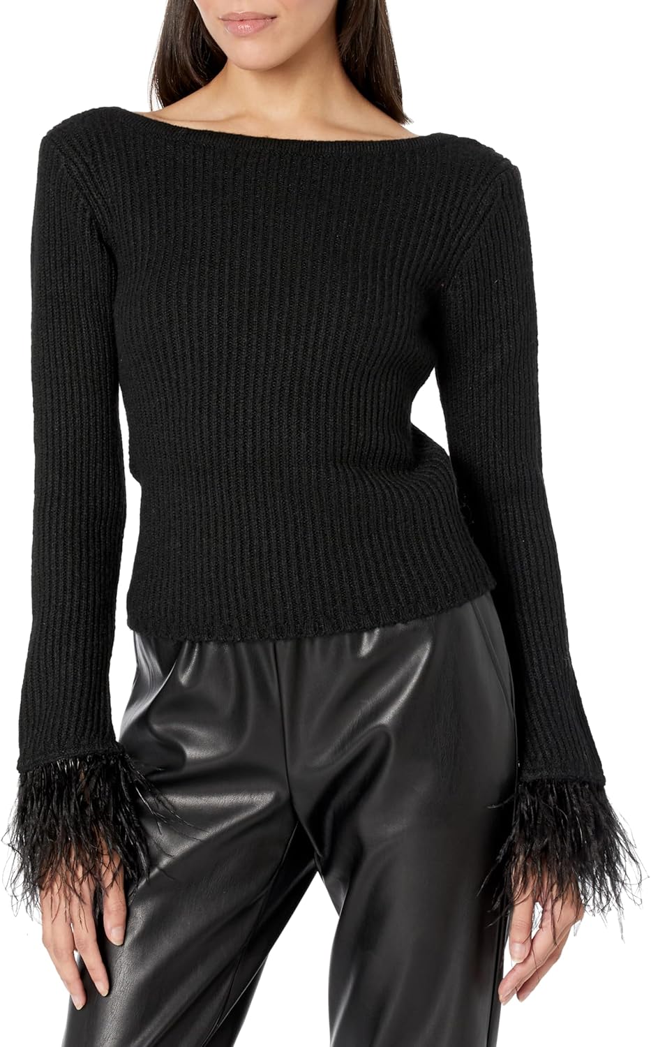 BCBGMAXAZRIA Womens Boat Neck Long Sleeve Feather Cuff Sweater Top