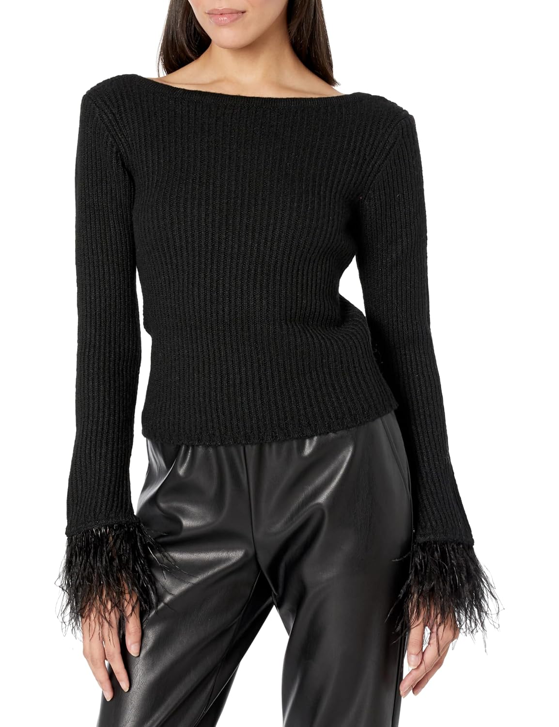 BCBGMAXAZRIA Womens Boat Neck Long Sleeve Feather Cuff Sweater Top