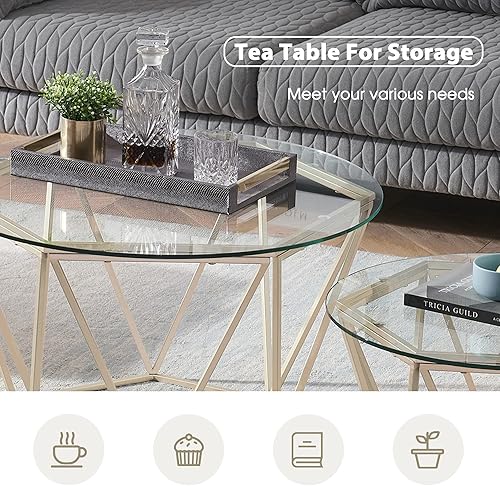 Miniatura 6 de ivinta Juego de 2 mesas de centro redondas anidadas, modernas mesas de centro con vidrio templado y marco de metal para sala de estar, Diamon