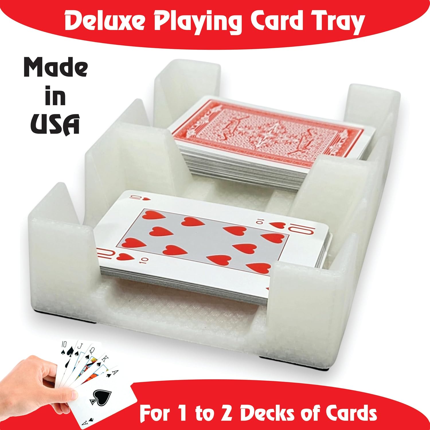 Deluxe Playing Card Tray, Non-Swivel, for Card Games Using 1-2 Decks of Cards Like American Canasta, Rummy, UNO and More - Made in USA (Crystal)