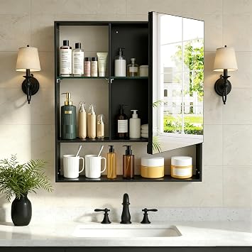 ANYHI 21.7 x 23.6 Bathroom Medicine Cabinet with Mirror, Metal Wall Mounted Bathroom Mirror with Storage, Adjustable Shelves, Aluminum Frame, Surface Mount Black