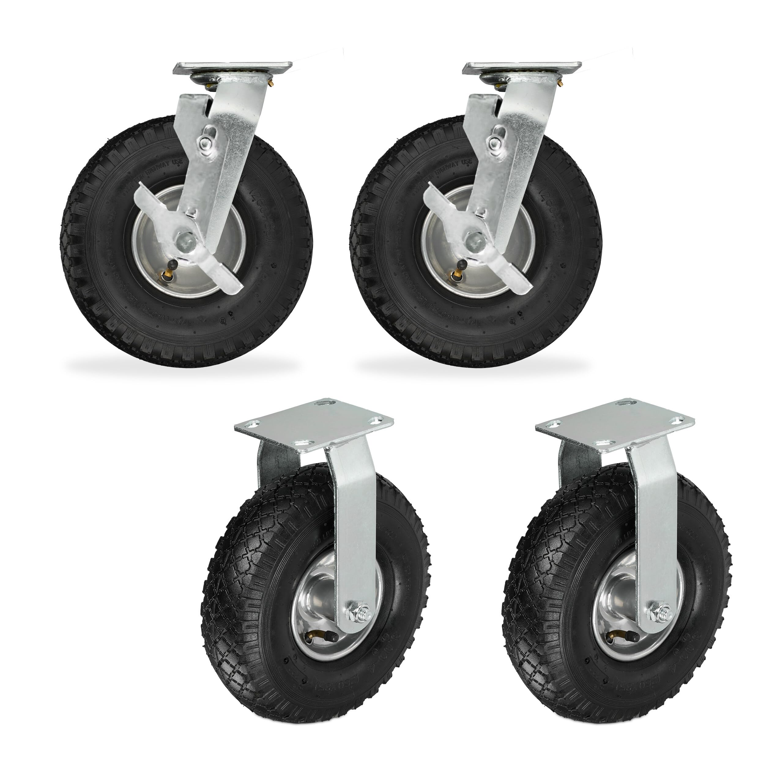 Relaxdays Lenkrollen 4er Set, luftbereift, 3.00-4, Schwerlastrollen, Platte zum Anschrauben, bis 480 kg, schwarz/Silber