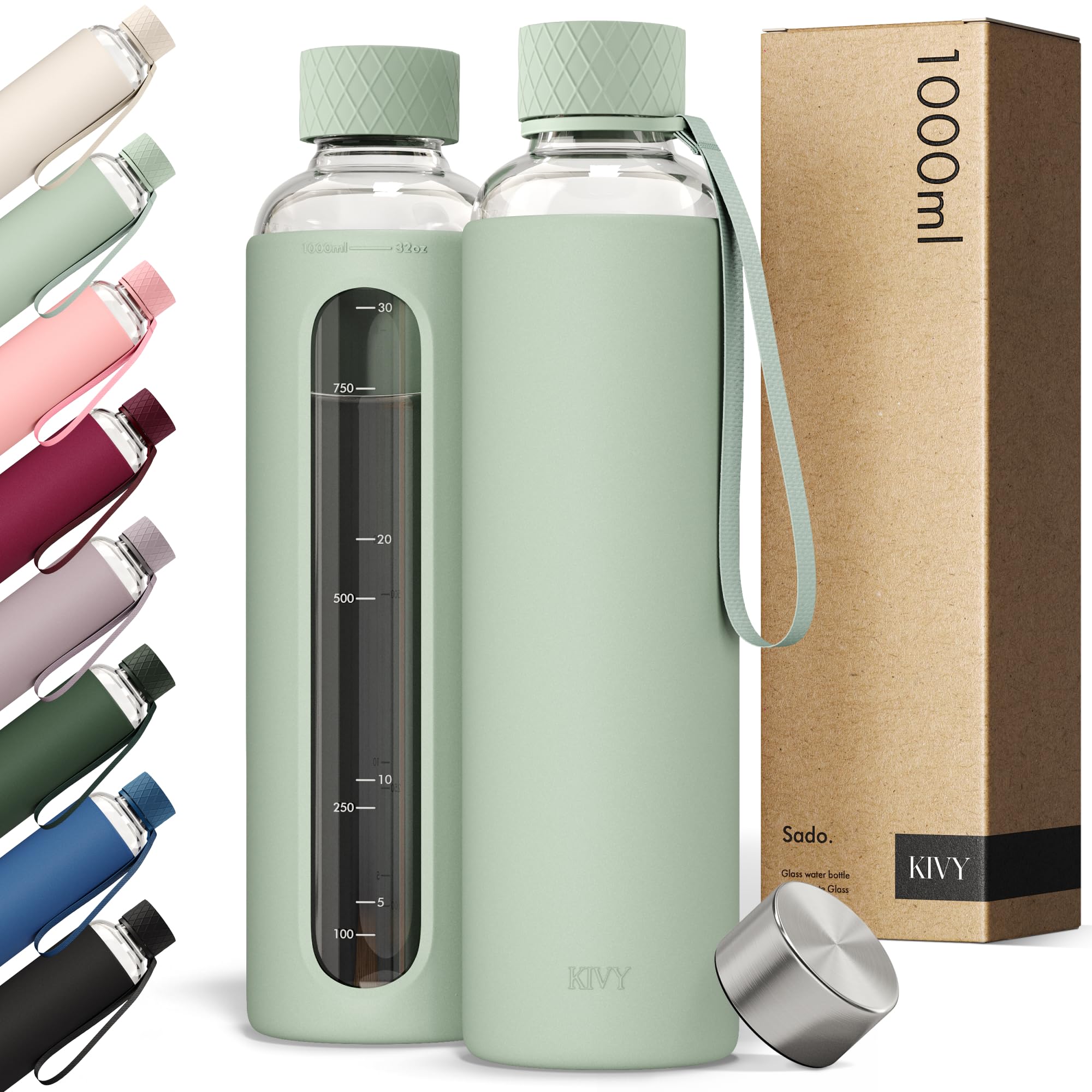 KIVY Glas Trinkflasche 1l mit Silikonschutz [KOHLENSÄURE GEEIGNET] Glasflasche 1 Liter - Wasserflasche 1l mit Messskala - Schlanke Glas Wasserflasche Ästhetisch