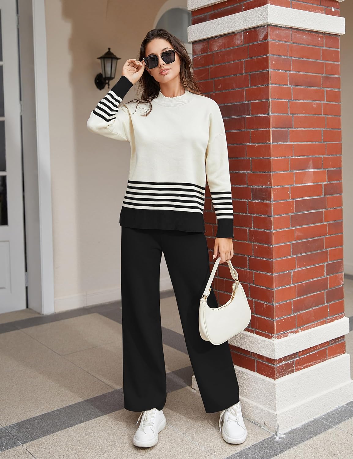 Women's 2 Piece Outfits Sweatsuit Knit Striped Pullover Top Wide Leg Pants Tracksuit Lounge Sets - Image 3