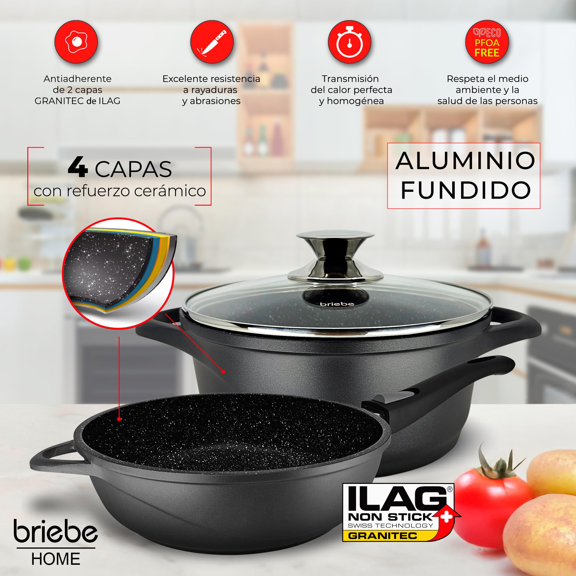 briebe Batería Cocina Inducción 10 Piezas, Juego 3 Ollas Aluminio Fundido + 2 Sartenes, Antiadherente ILAG GRANITEC sin PFOA, Set Cazuelas Tapas Cristal, Guantes Silicona, Vitrocerámica, Gas, Horno