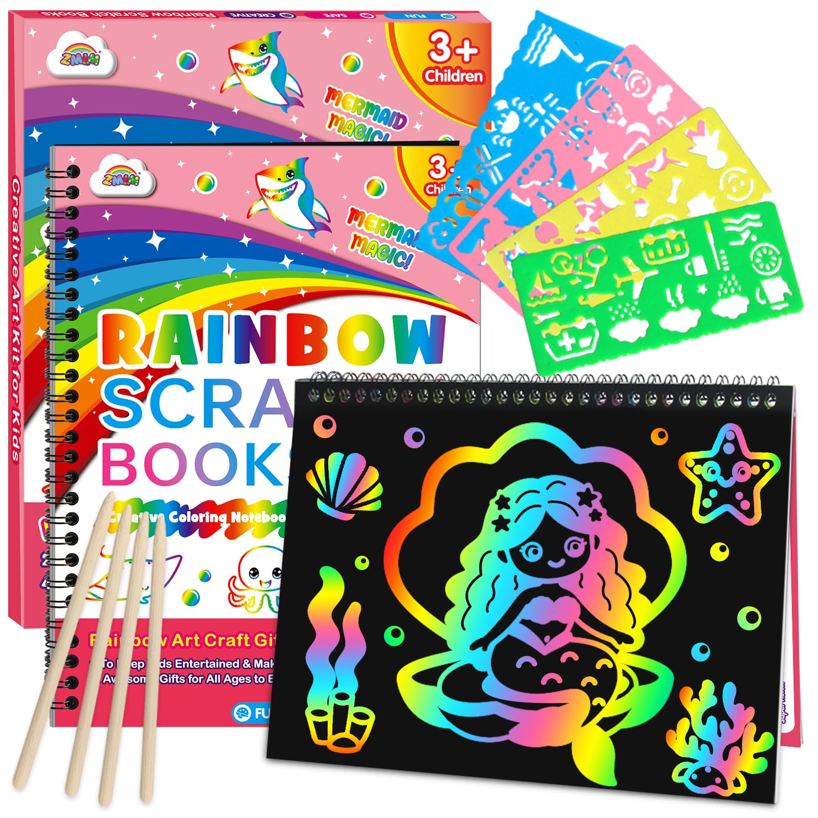 ZMLM Scratch Paper Art Craft: 2 Pack Rainbow Scratch Set for 3 4 5 6 7 8 9 10 Years Old Girls Boys Students Drawing Coloring Black Magic Art Supplies Kits Gifts School Birthday Party Toys (Mermaid)
