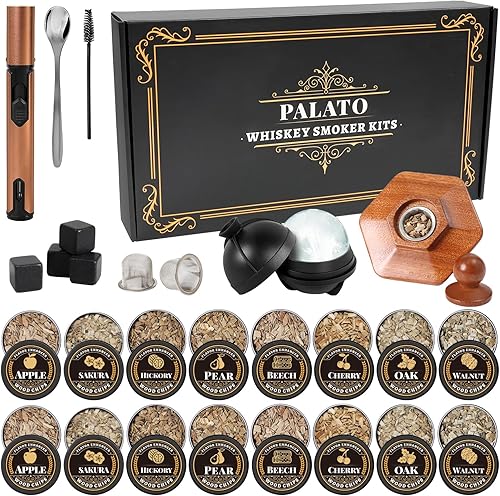 Kit de ahumador de whisky de 27 piezas, 16 chips de madera, moldes de bolas de hielo, kit de infusor de ahumador de cóctel, kit de ahumador de