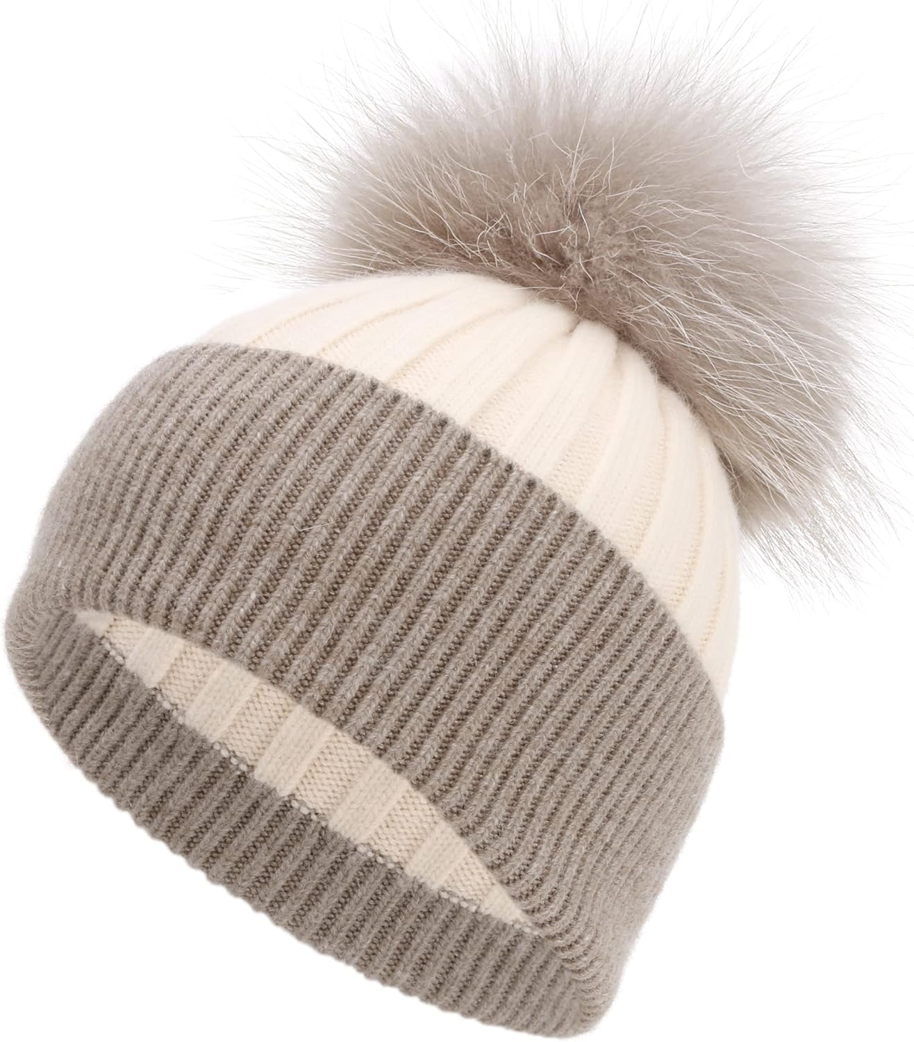 Women's Real Fur Pom Pom Cashmere Blend Winter Ribbed Knit Cuffed Beanie Skull Cap Hat with Fur Pom Beanie Hat