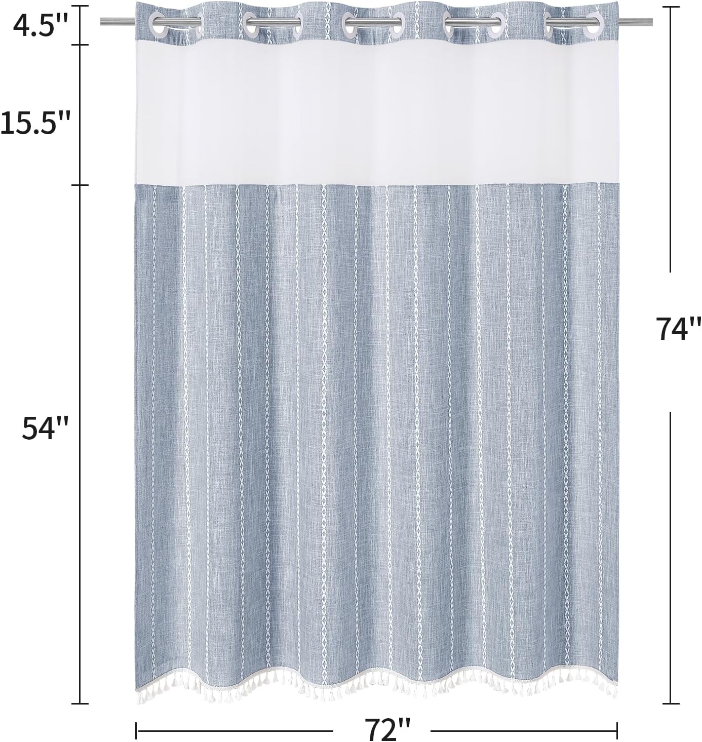 MitoVilla No Hooks Needed Farmhouse Shower Curtain with Snap-in Liner - with Window & Magnets, Boho Cotton Linen Fabric Shower Curtains with Tassels for Rustic Bathroom Decor, Blue, 72 x 74