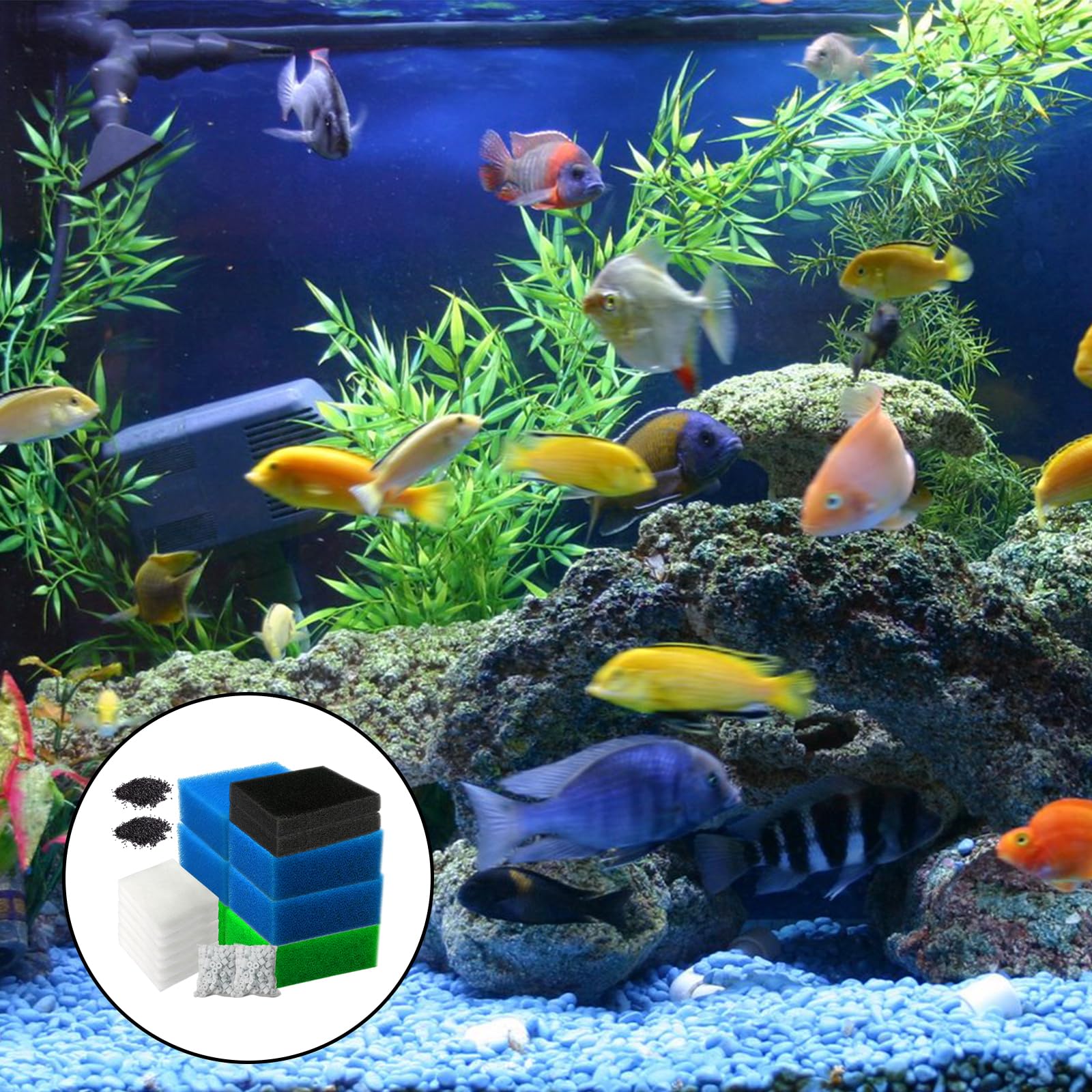 Set di filtri compatibili, kit per filtri per acquario, 6 spugne (2 blu fine, 2 blu grosso, 2 verdi), 6 lana filtrante, 2 spugne al carbonio attivo, 2 sacchetti di carbone attivo, 2 anelli in ceramica