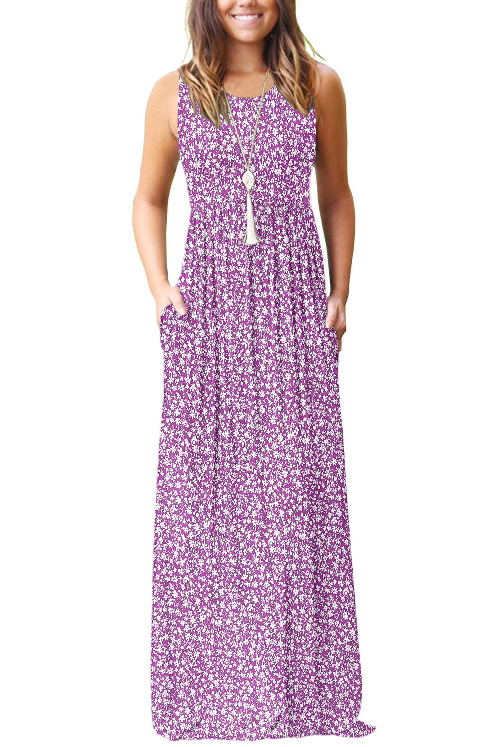 AUSELILY Women's Summer Sleeveless Loose Plain Casual Long Maxi Dresses | Year Round wear solid floral print, Casual daily wear, Empire waist, Floor length, Side pockets New