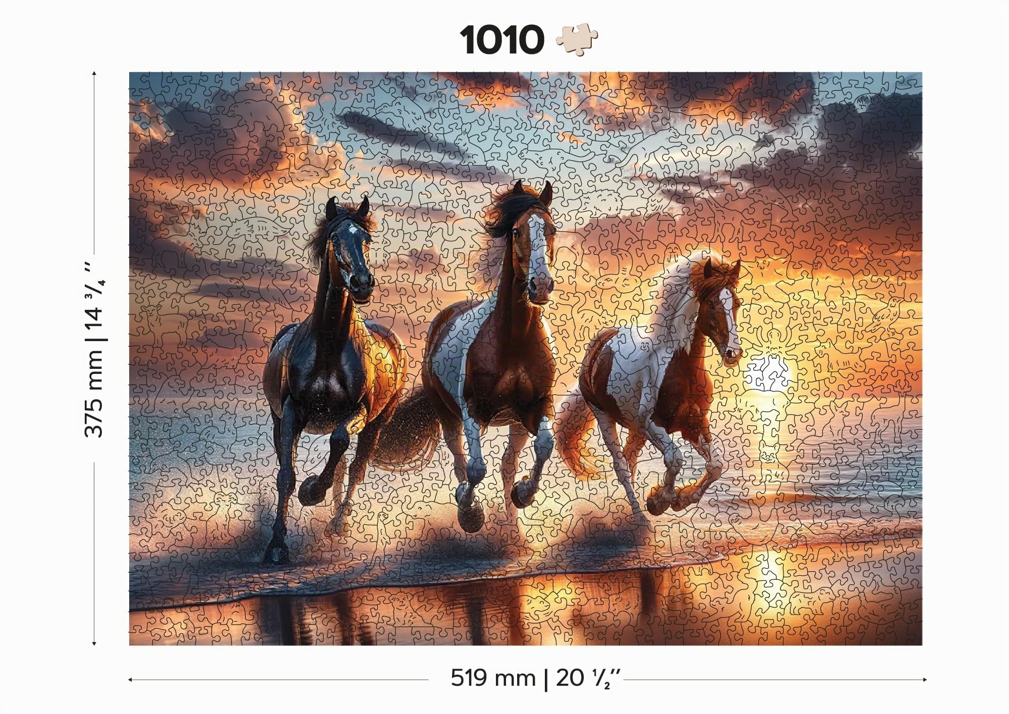 WOODEN.CITY Puzzle in legno da 1000 pezzi, cavalli selvatici sulla spiaggia con 100 pezzi a forma di animale, 21,3 x 15,5 pollici