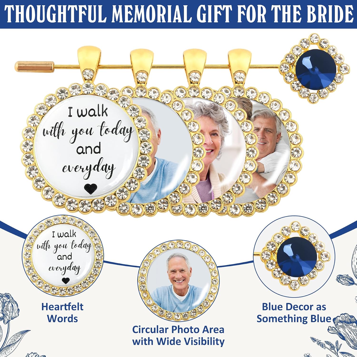 Bouquet Charms for Wedding Memory - Something Blue Gift For Bride, Wedding Bouquet Photo Charms Silver, Something Blue Before I Do Bridal Gift DIY Photo Pin Making Kit Bride Daughter Flowers