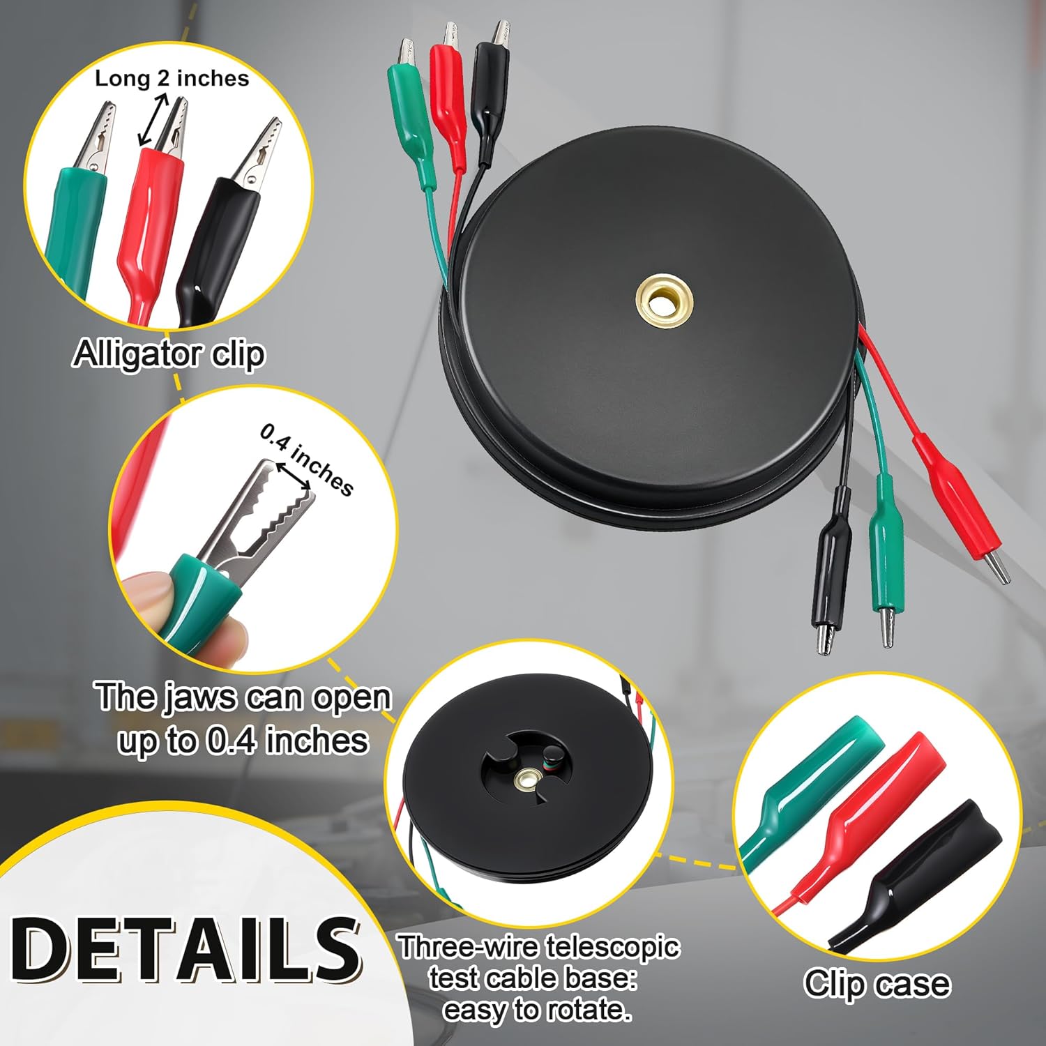 20ft Retractable 3 Wire Test Lead with Red/Black/Green Alligator Clips, 18awg Electrical Test Lead for Circuit Connection, Low Voltage Circuit & Automotive Troubleshooting