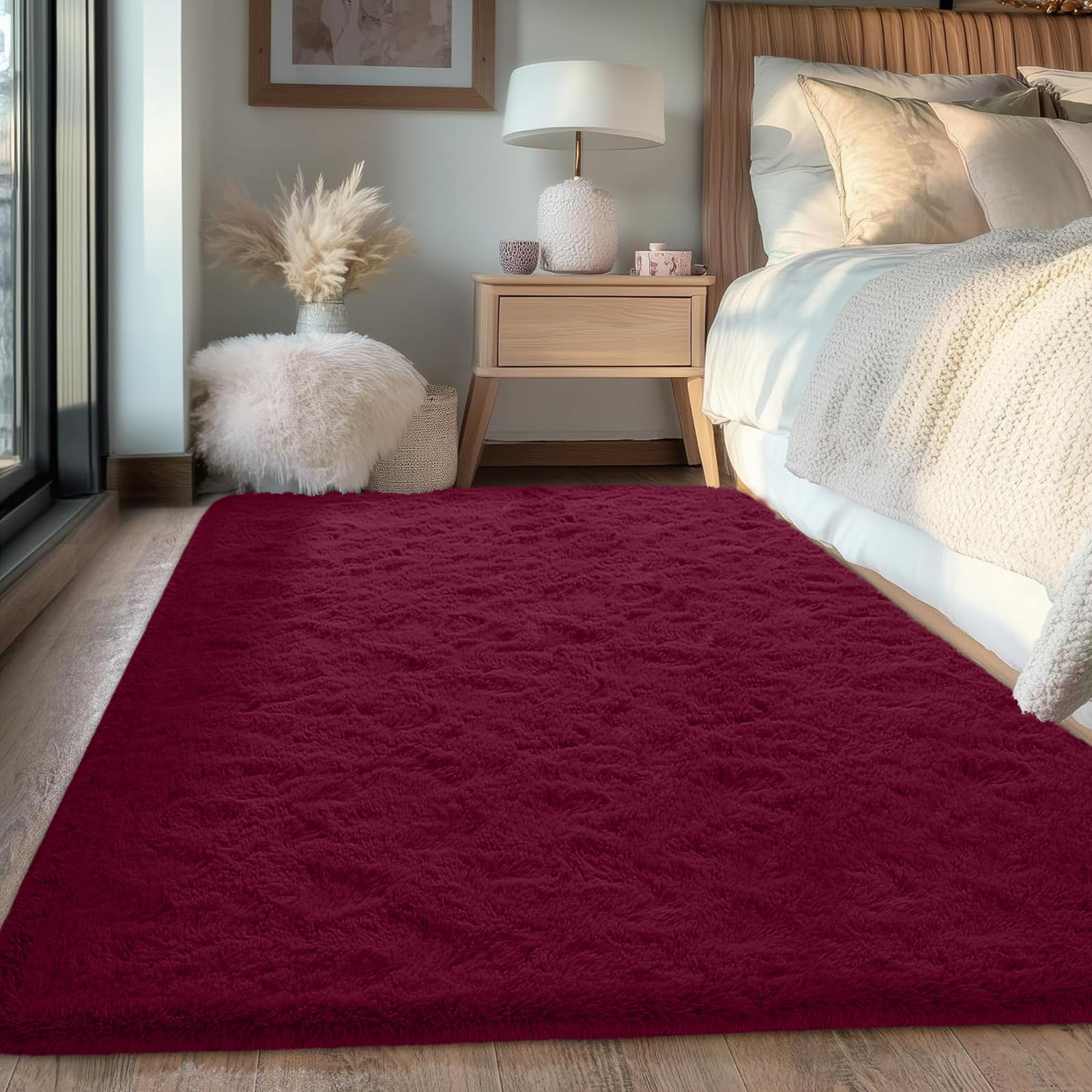 FVVRAX 120x180cm Burgundy Red Shaggy Rug – Soft Fluffy Area Rug for Living Room & Bedroom, Non-Slip Plush Carpet for Kids, Nursery, Dorm, Machine Washable Large Floor Mat